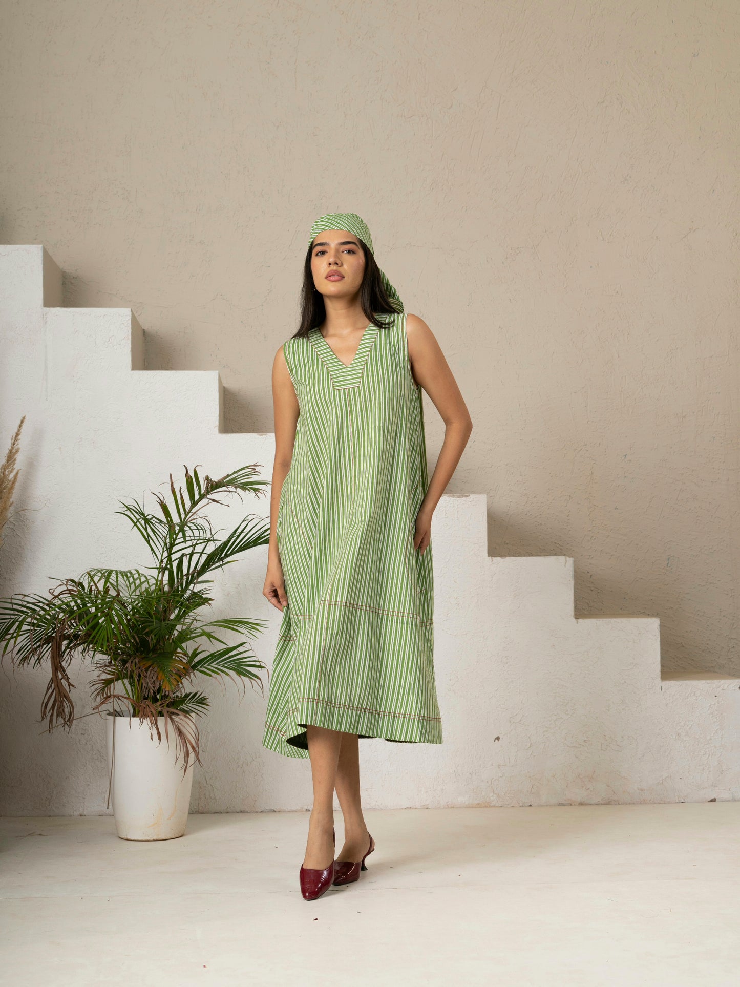 Hand Block Printed Green Stripe V Neck Pocket Dress