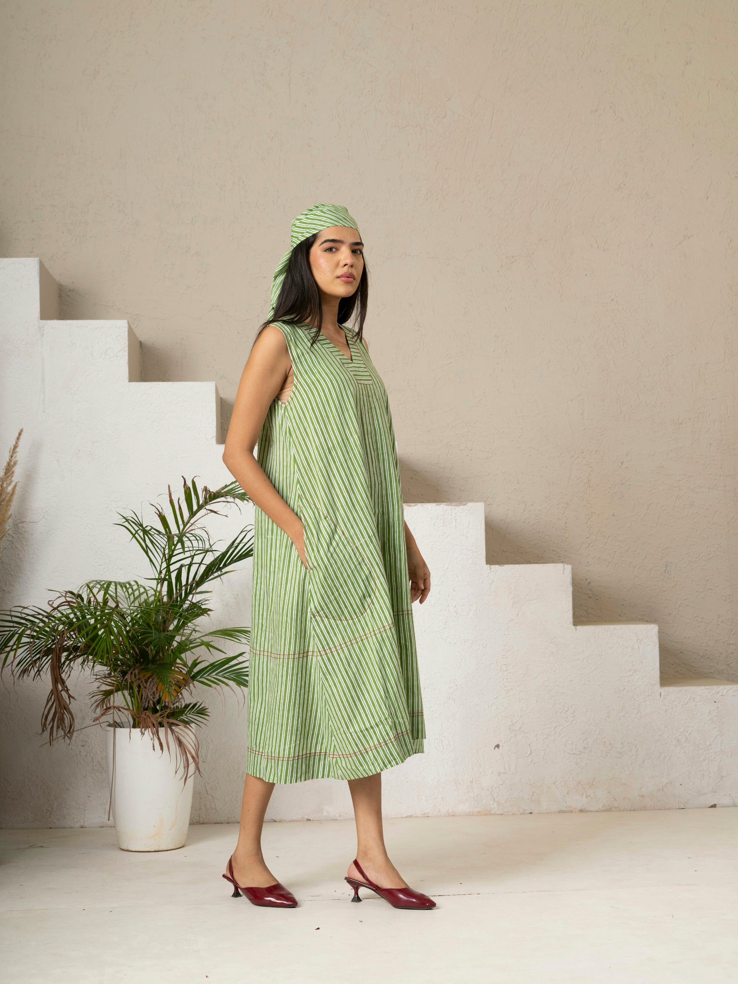 Hand Block Printed Green Stripe V Neck Pocket Dress