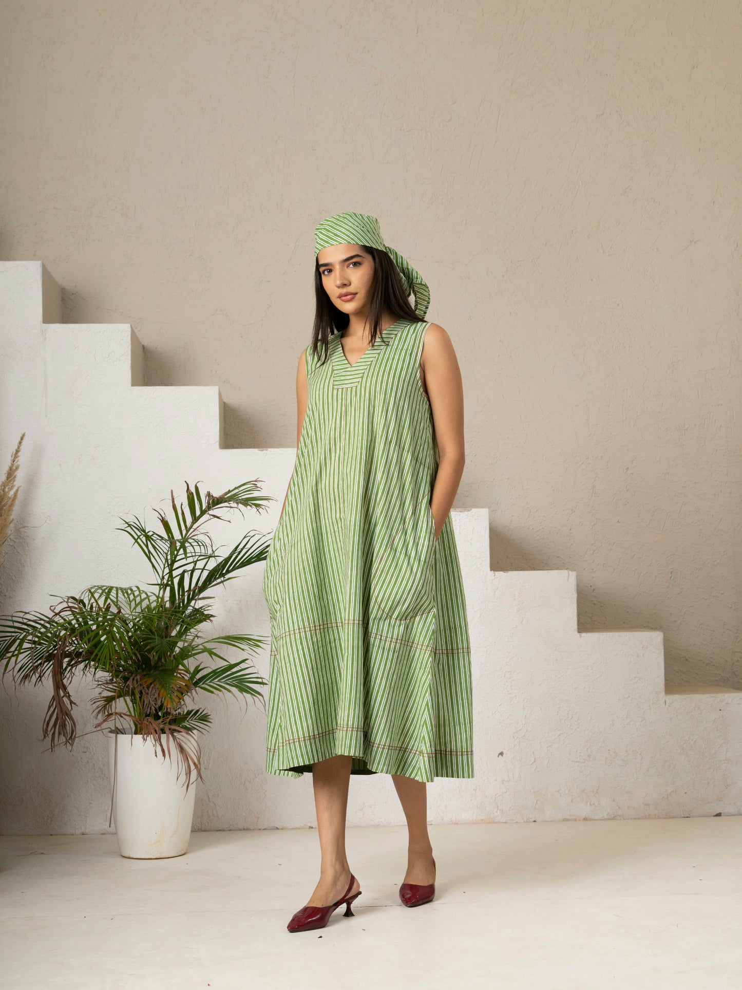 Hand Block Printed Green Stripe V Neck Pocket Dress