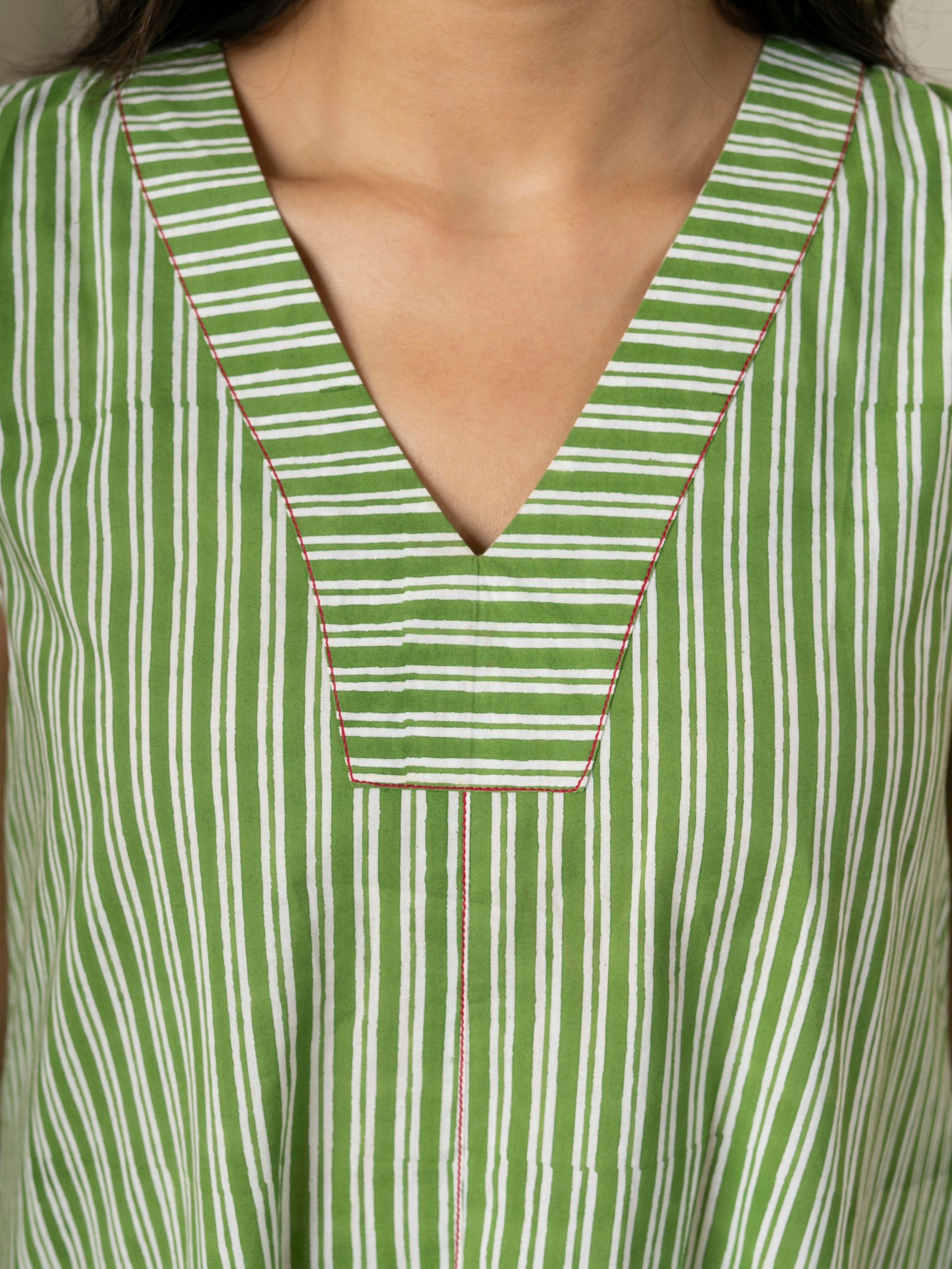 Hand Block Printed Green Stripe V Neck Pocket Dress