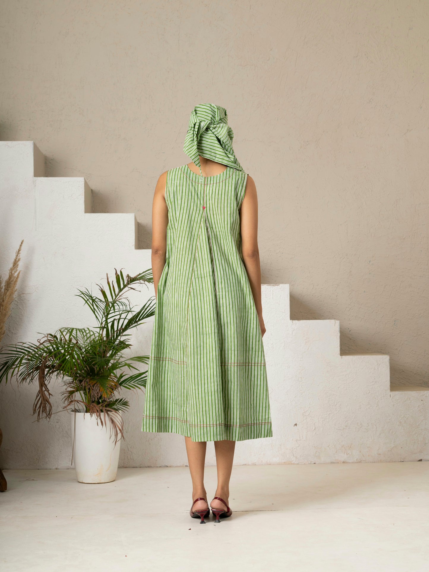 Hand Block Printed Green Stripe V Neck Pocket Dress