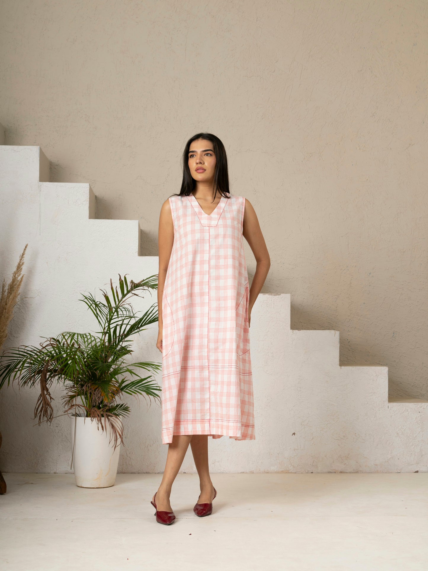 Hand Block Printed Blush Check A-Line Cotton Dress
