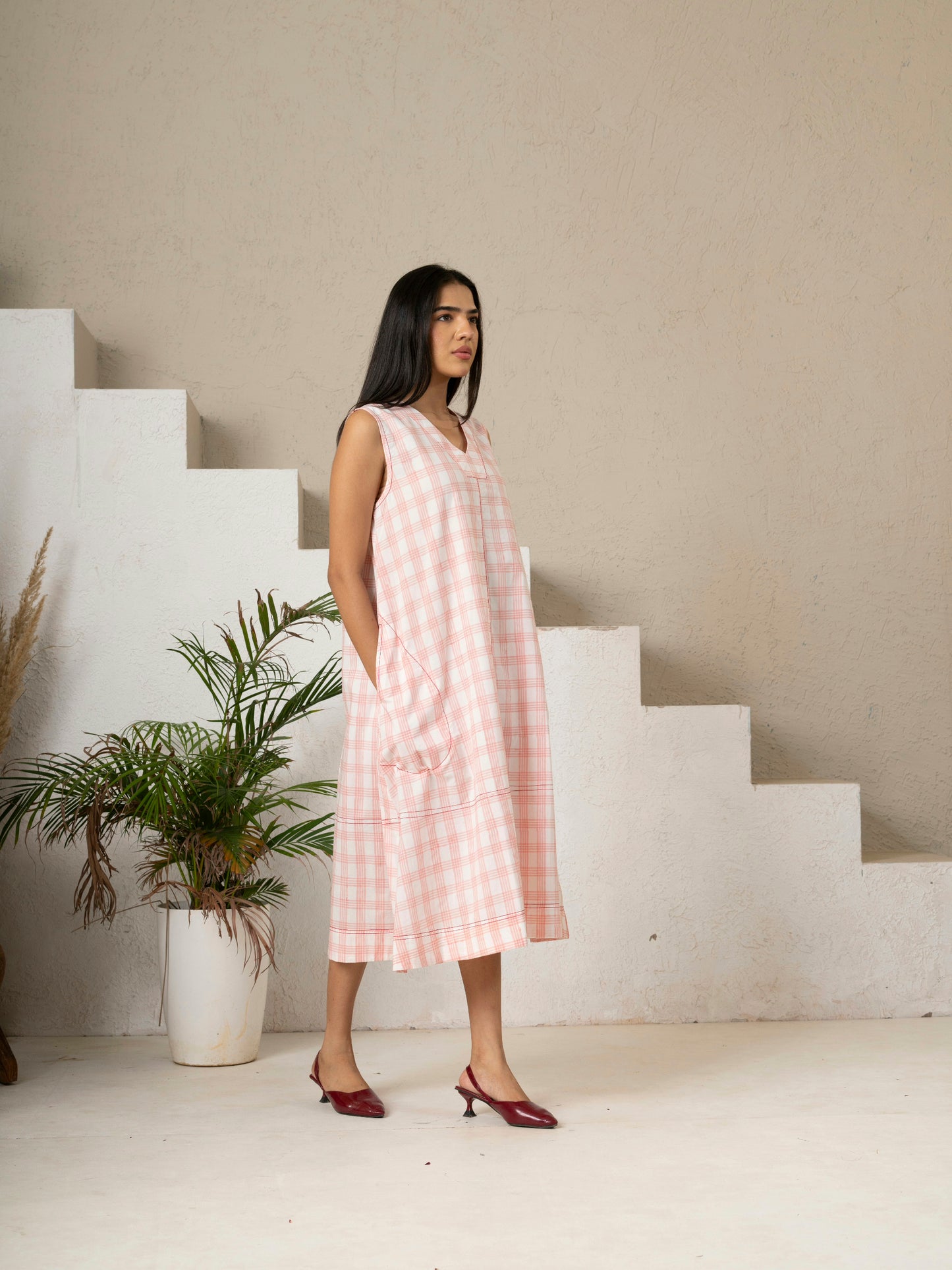Hand Block Printed Blush Check A-Line Cotton Dress