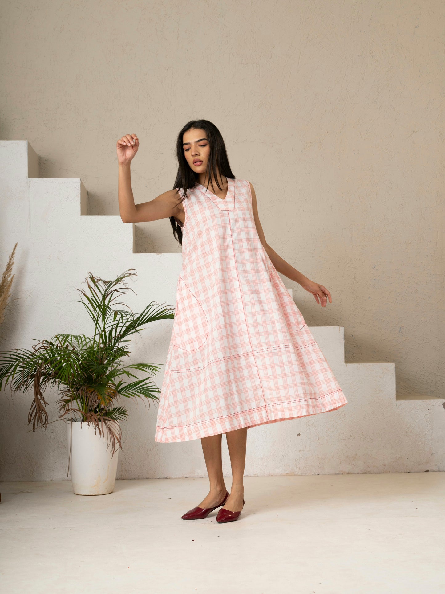 Hand Block Printed Blush Check A-Line Cotton Dress