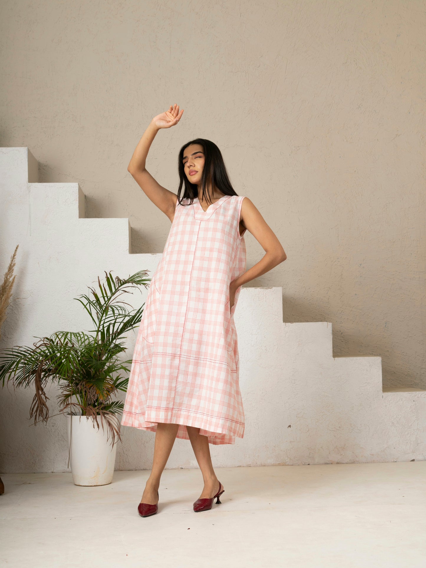 Hand Block Printed Blush Check A-Line Cotton Dress