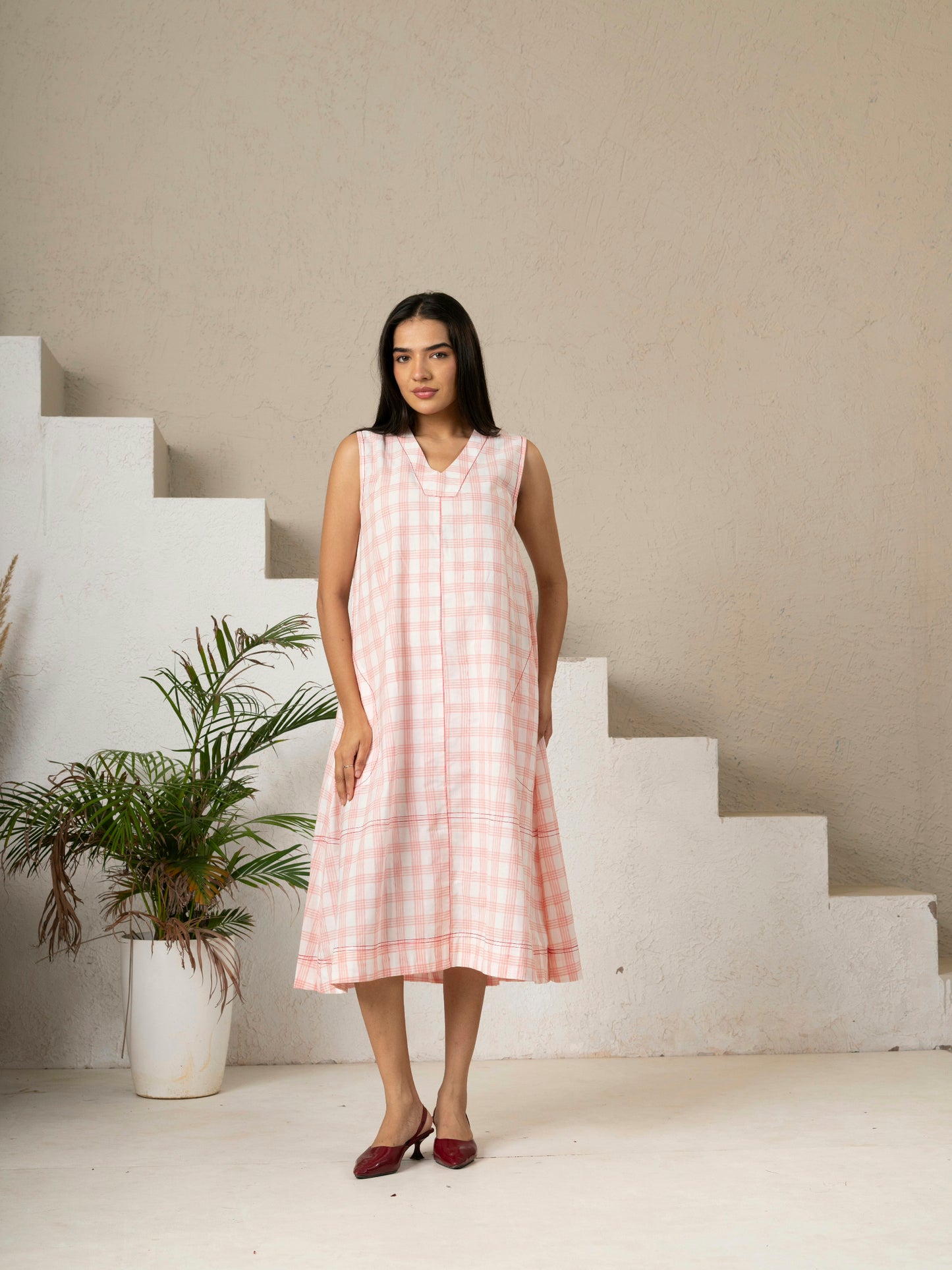 Hand Block Printed Blush Check A-Line Cotton Dress