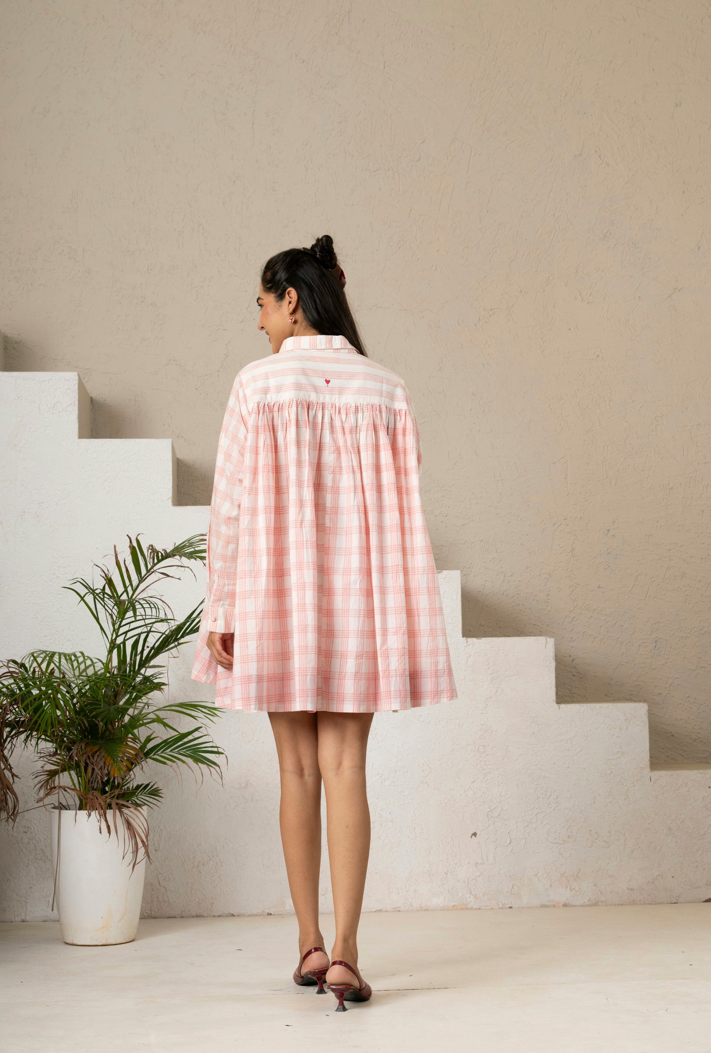 Hand Block Printed Blush Check Gather Shirt Dress
