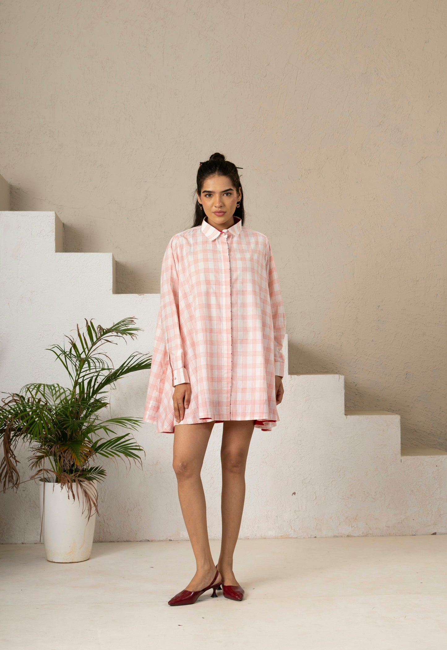 Hand Block Printed Blush Check Gather Shirt Dress