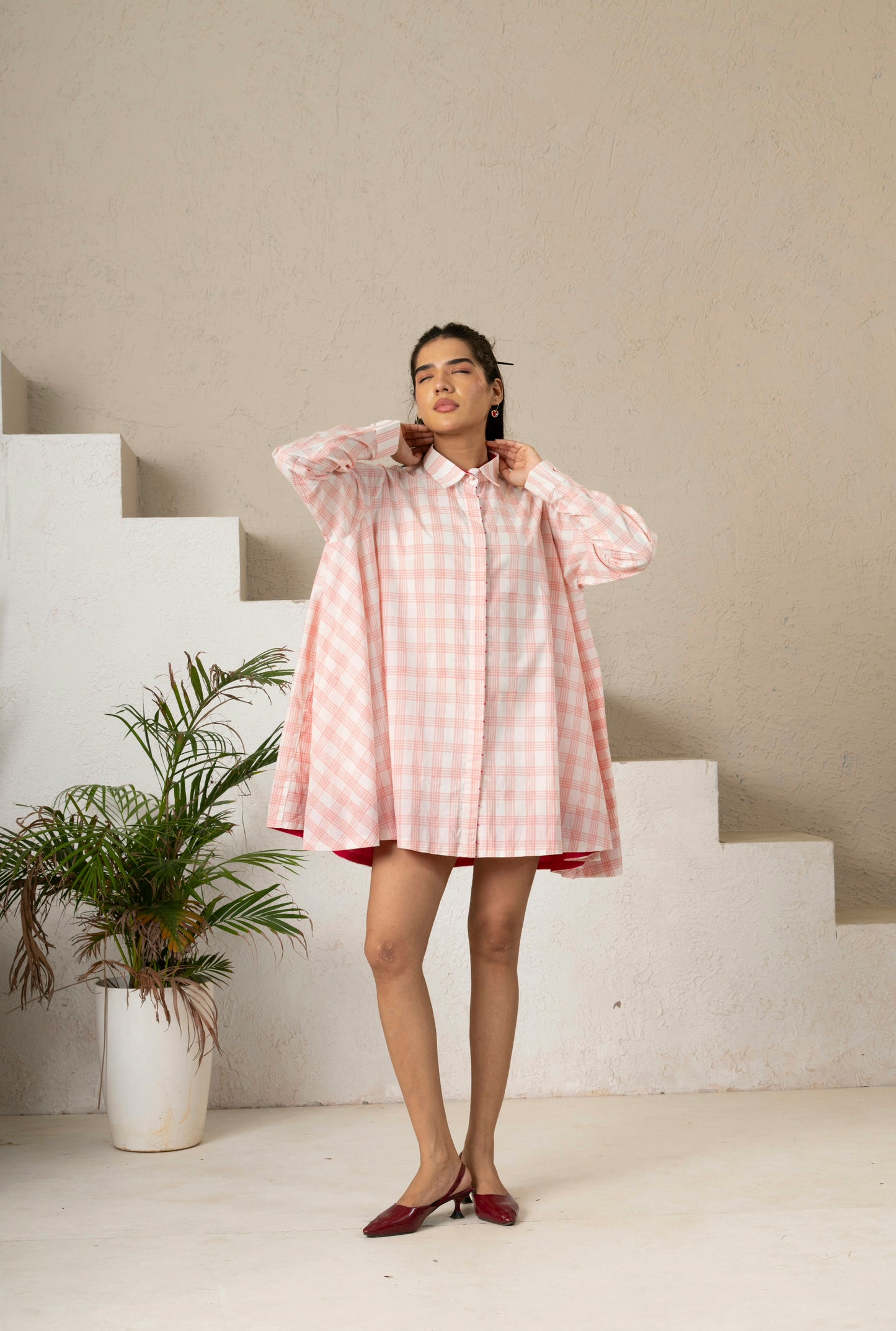 Hand Block Printed Blush Check Gather Shirt Dress