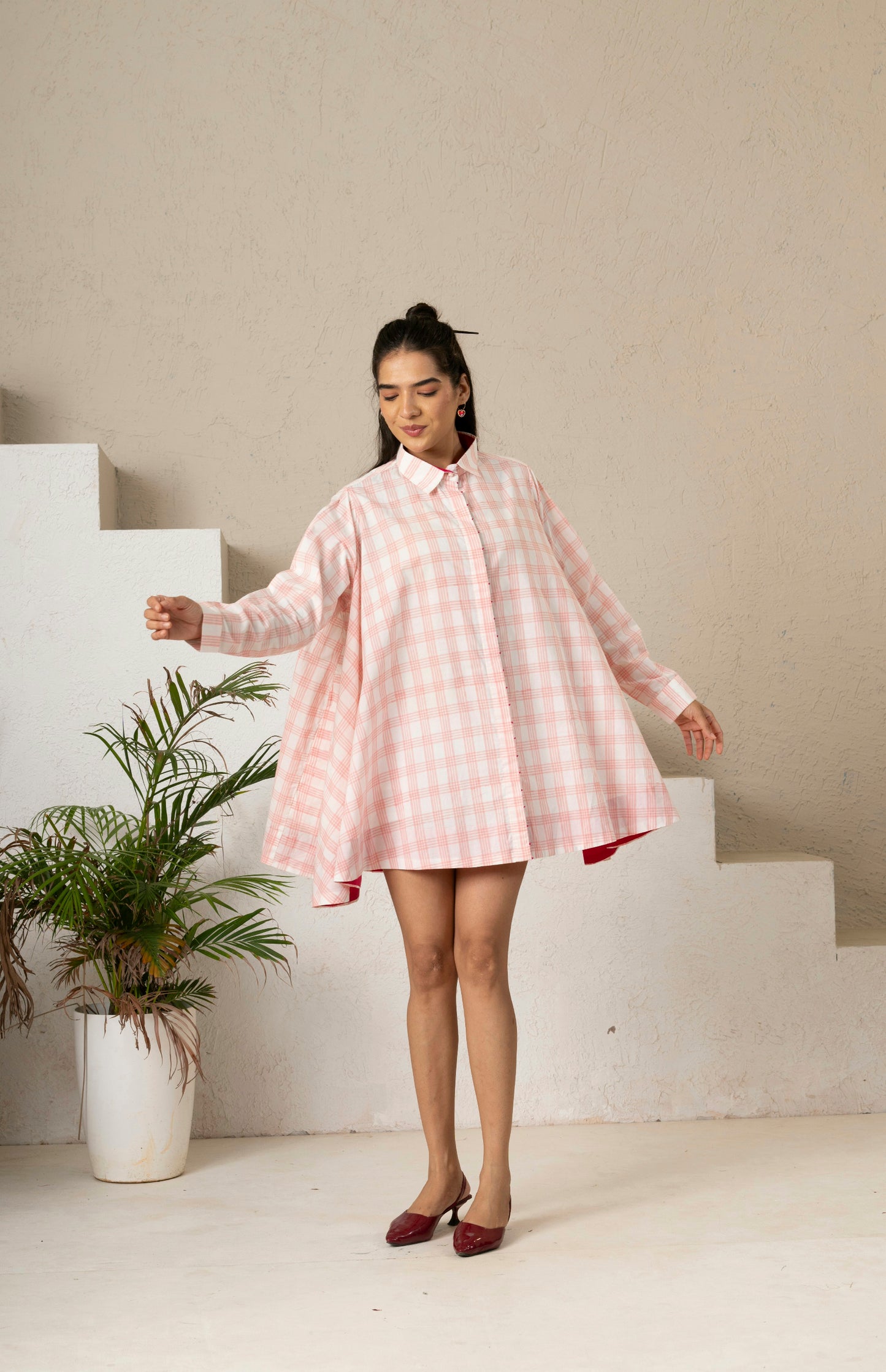 Hand Block Printed Blush Check Gather Shirt Dress