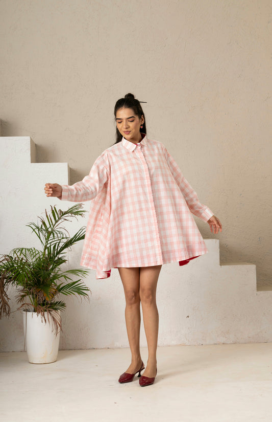 Hand Block Printed Blush Check Gather Shirt Dress