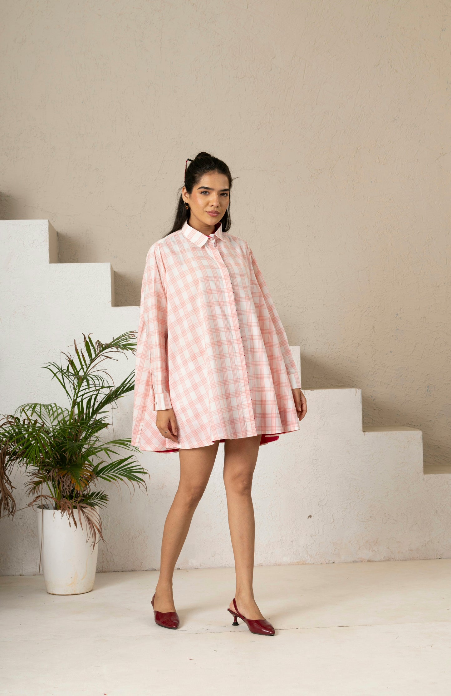 Hand Block Printed Blush Check Gather Shirt Dress