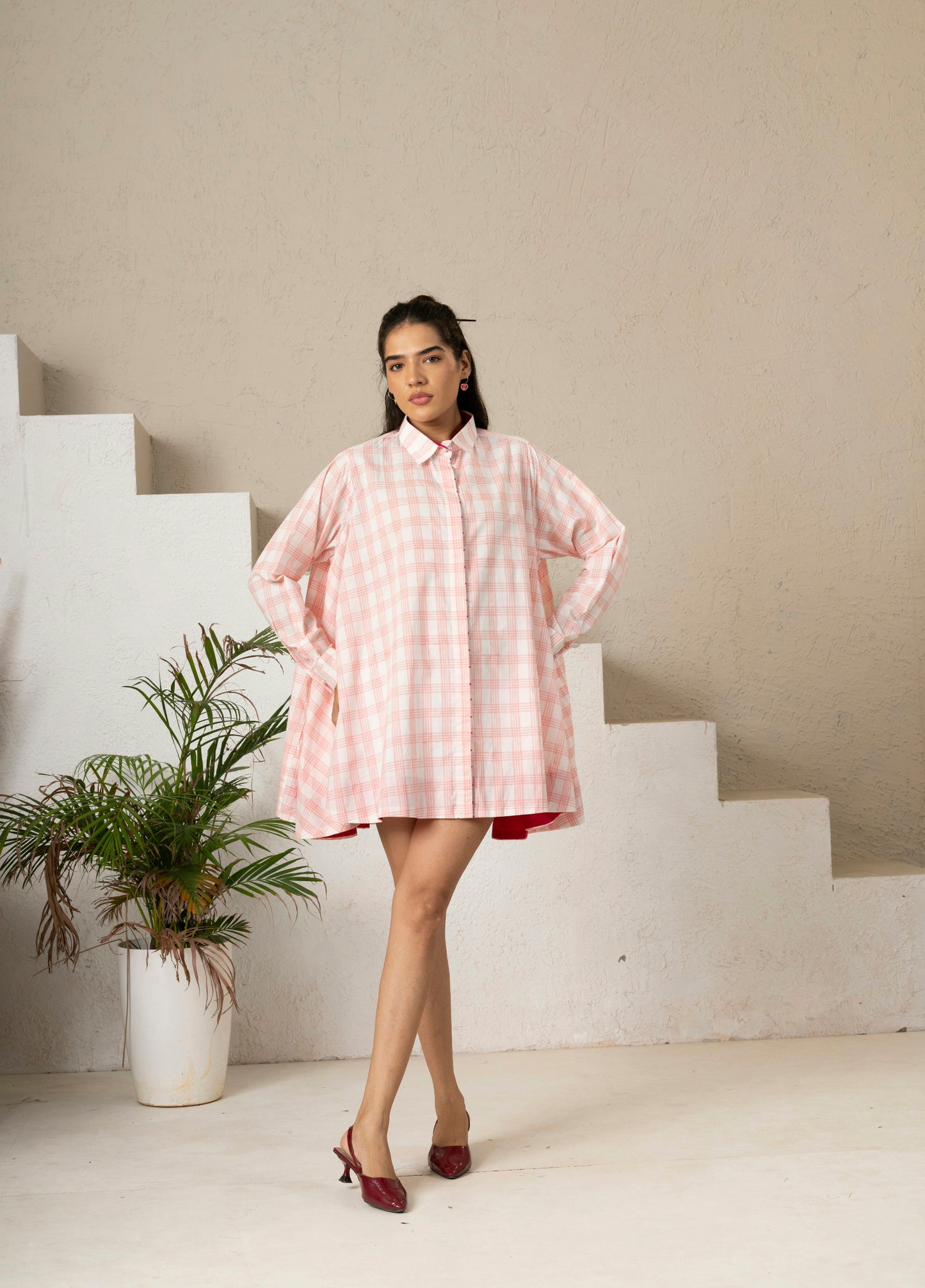 Hand Block Printed Blush Check Gather Shirt Dress
