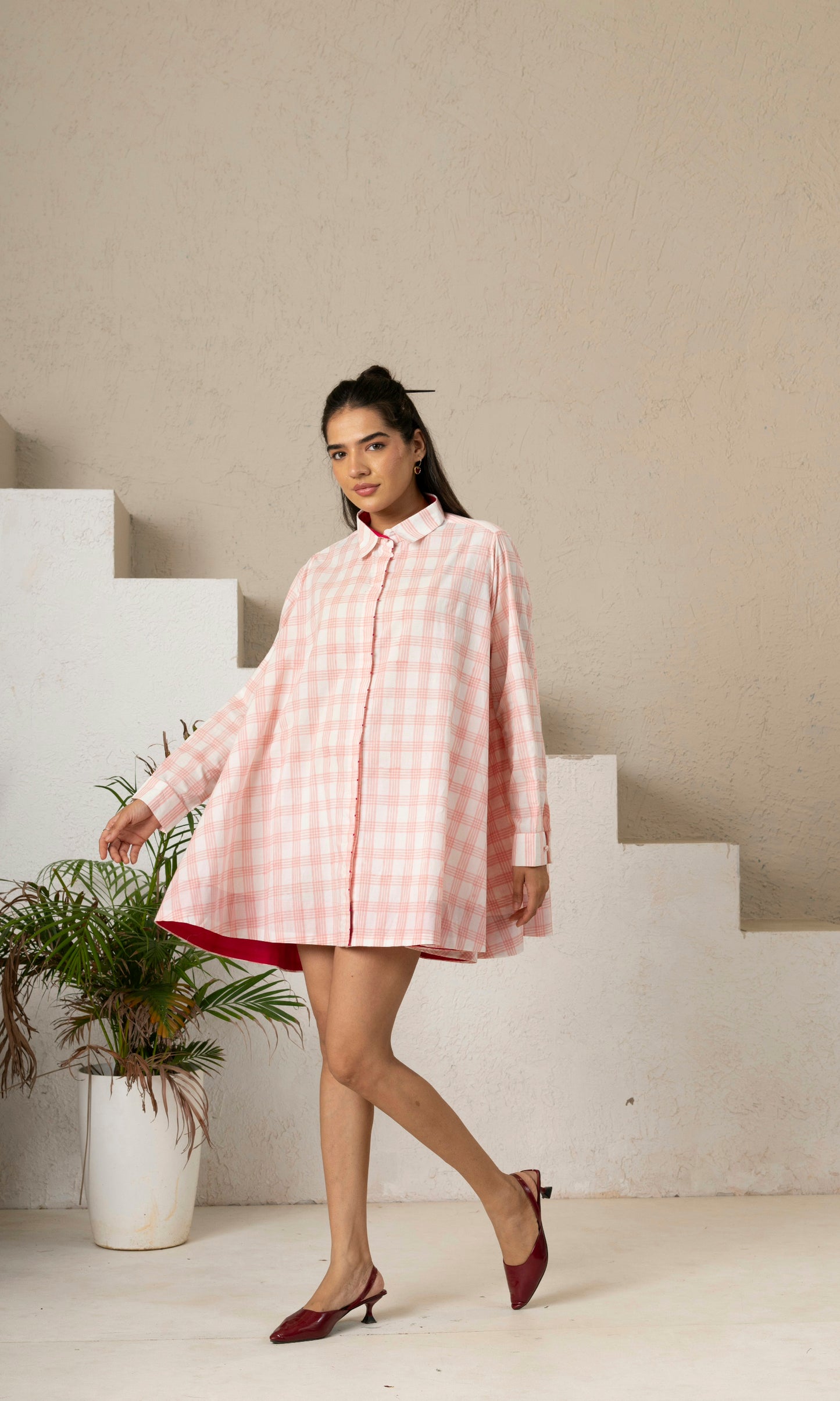 Hand Block Printed Blush Check Gather Shirt Dress