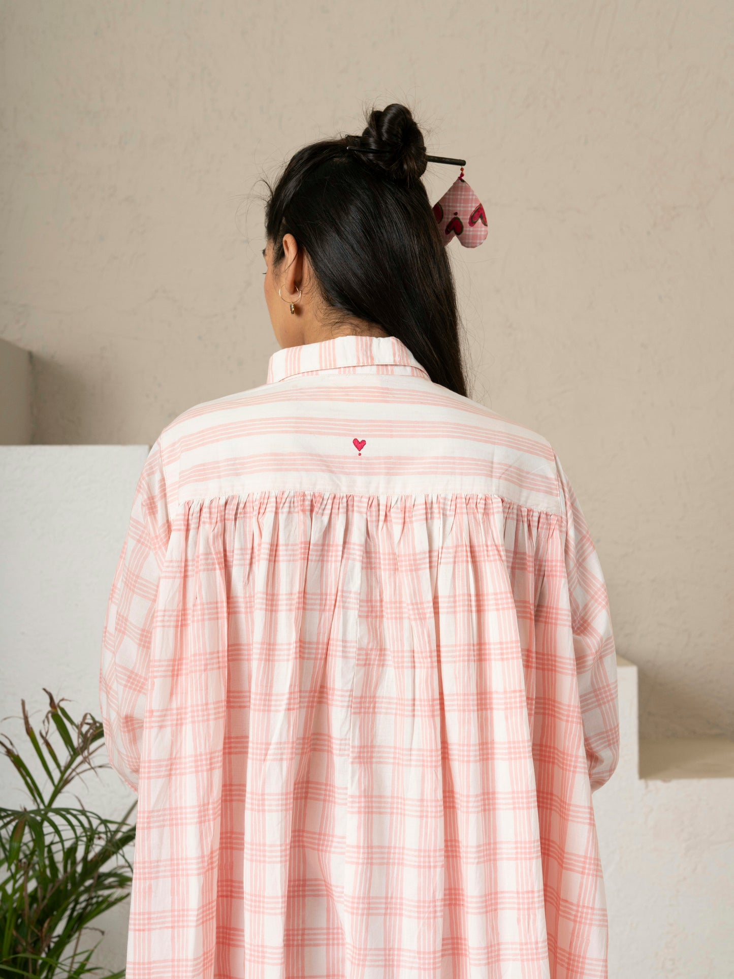 Hand Block Printed Blush Check Gather Shirt Dress