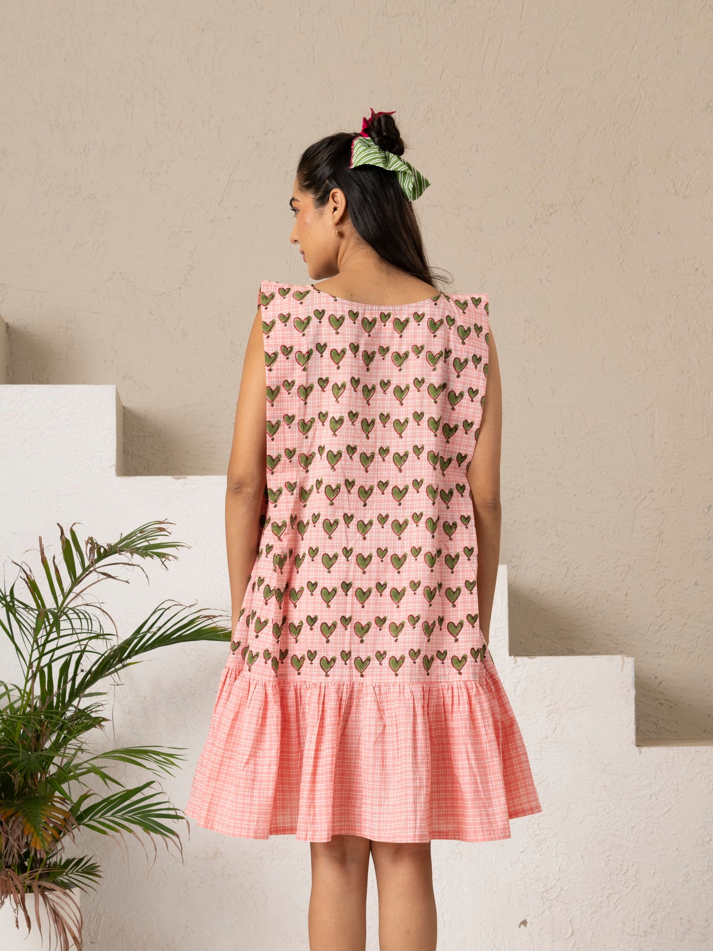 Green Hearts Hand Block Printed Tiered Dress