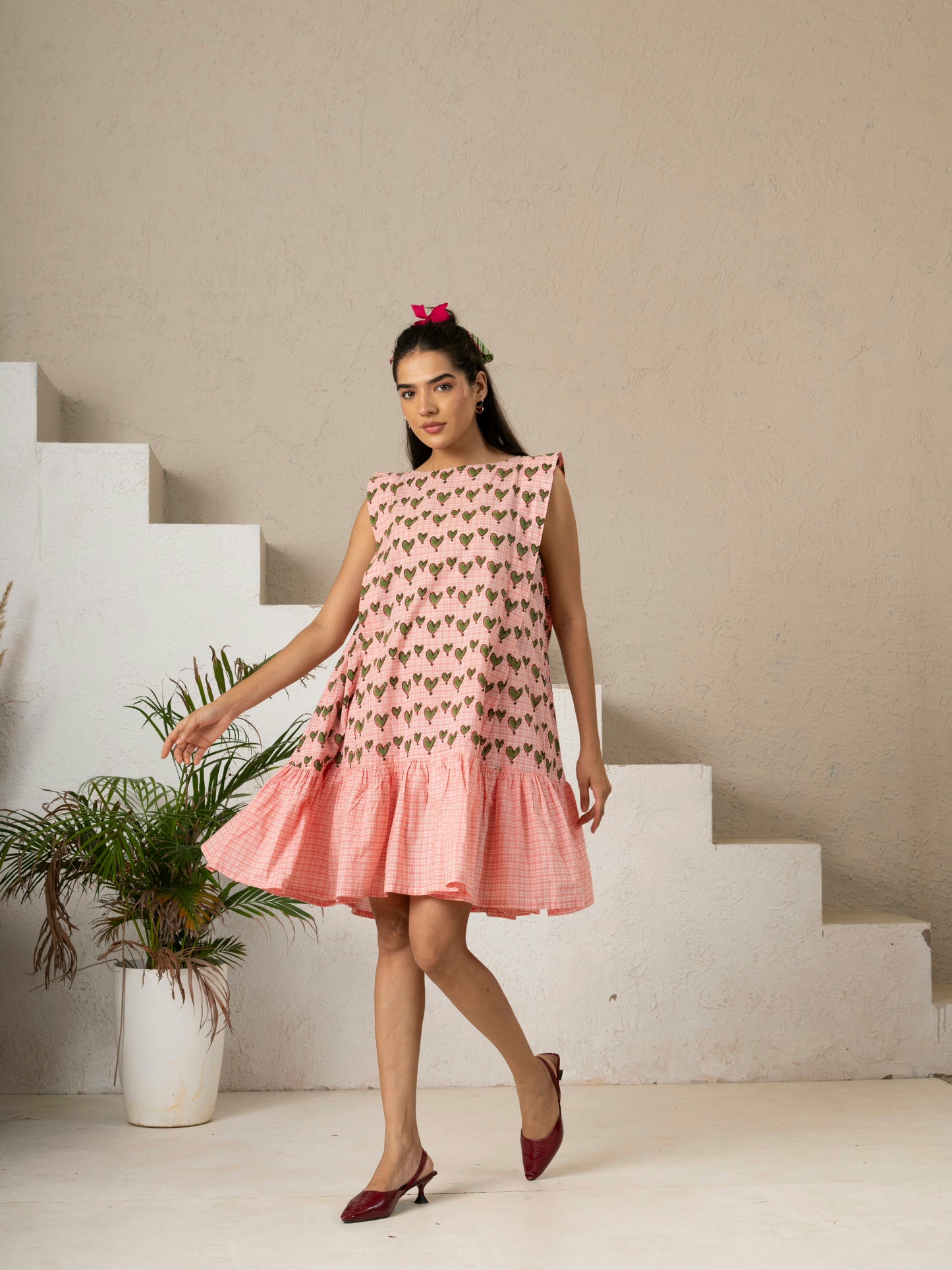 Green Hearts Hand Block Printed Tiered Dress