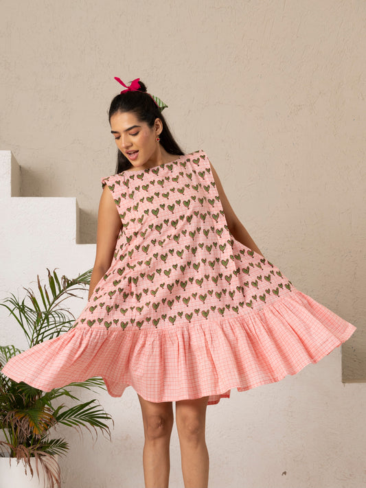 Green Hearts Hand Block Printed Tiered Dress