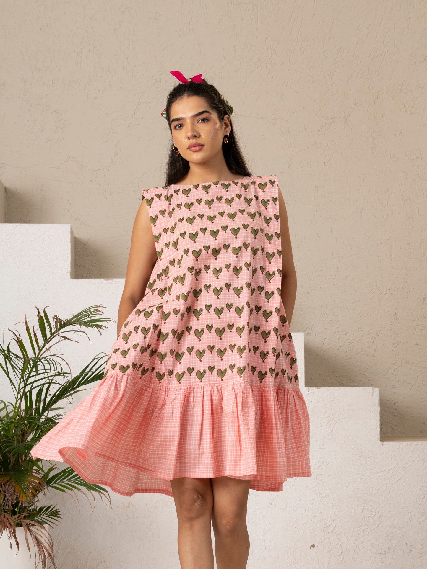 Green Hearts Hand Block Printed Tiered Dress
