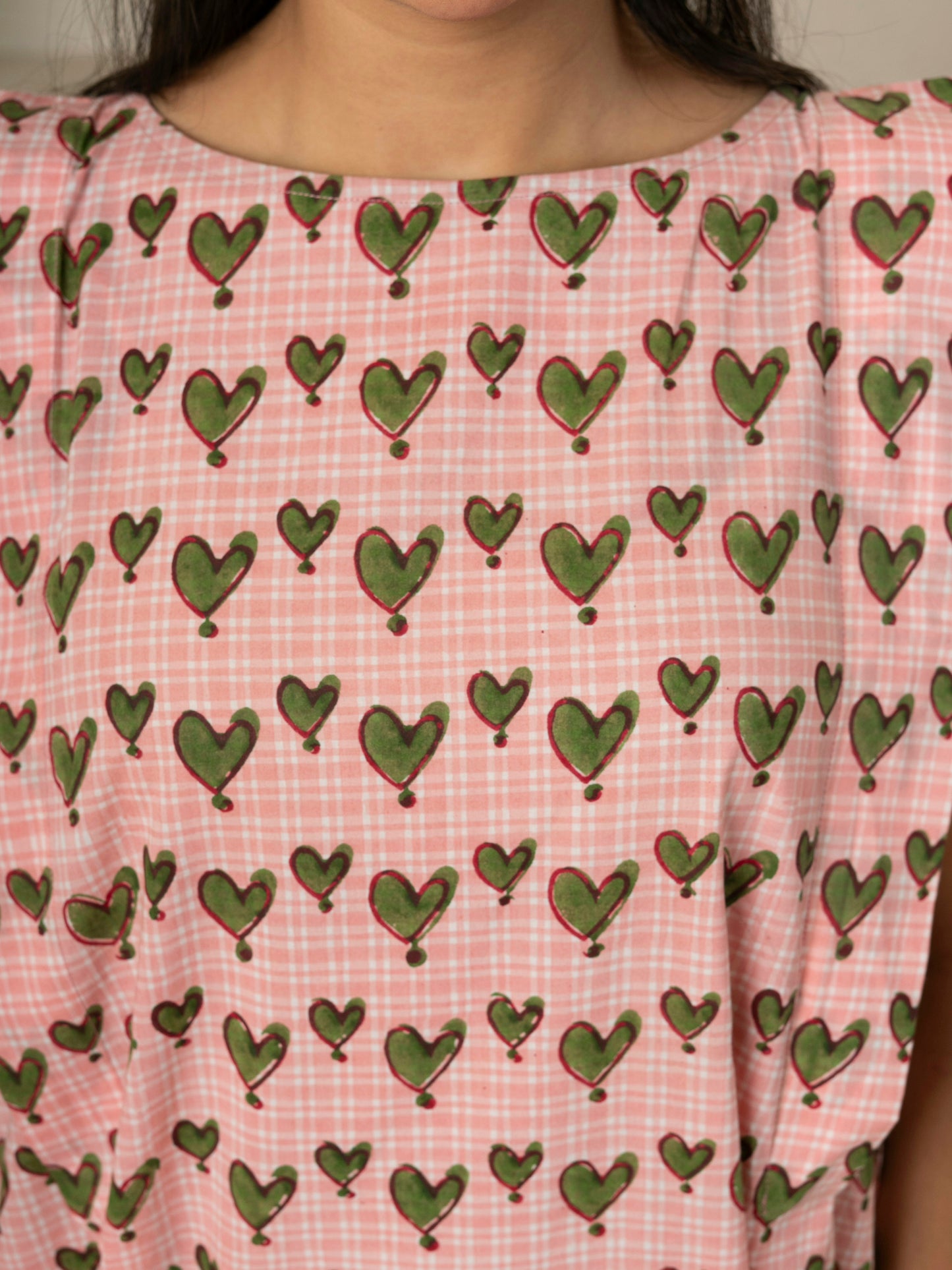 Green Hearts Hand Block Printed Tiered Dress