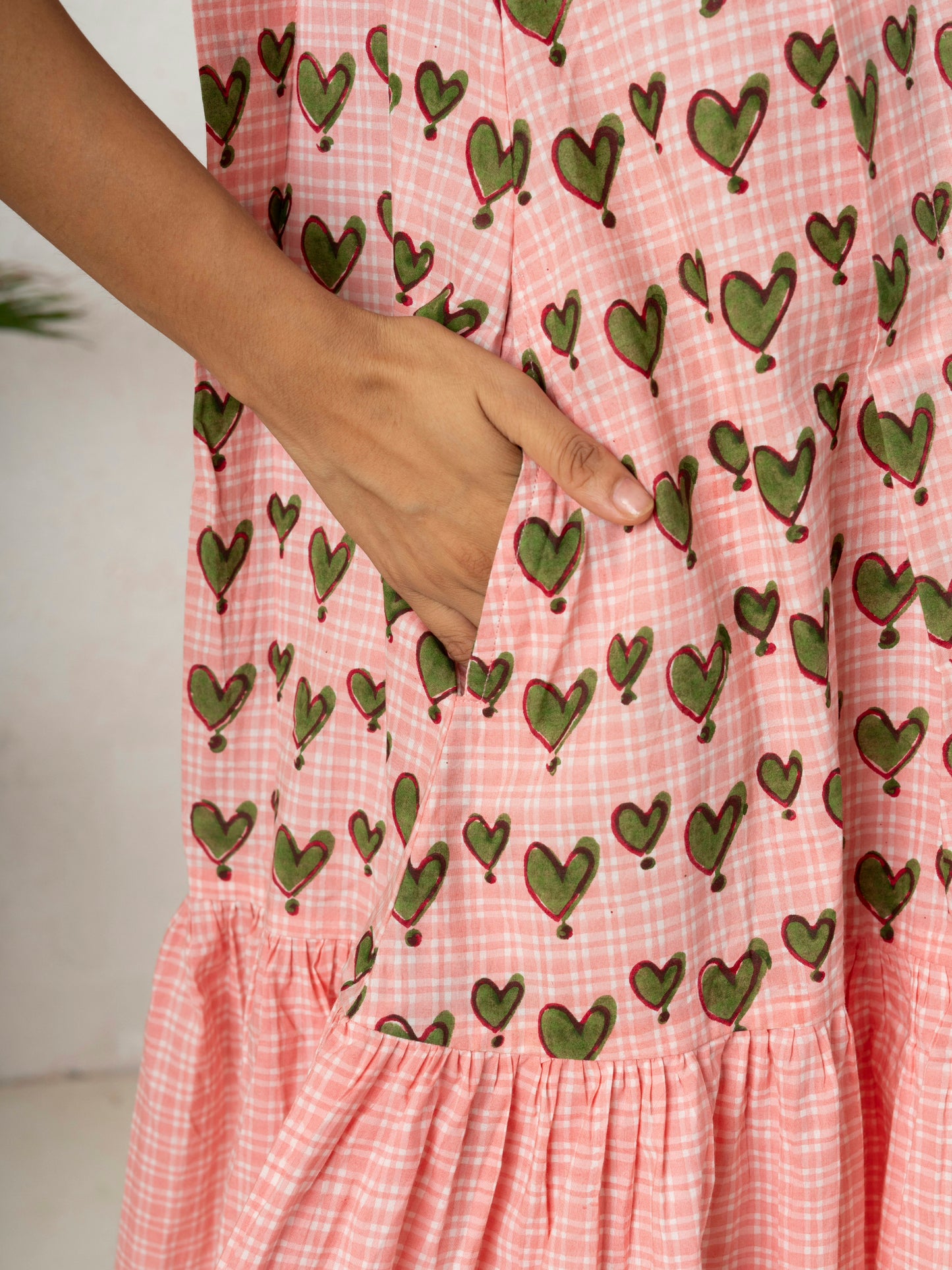 Green Hearts Hand Block Printed Tiered Dress