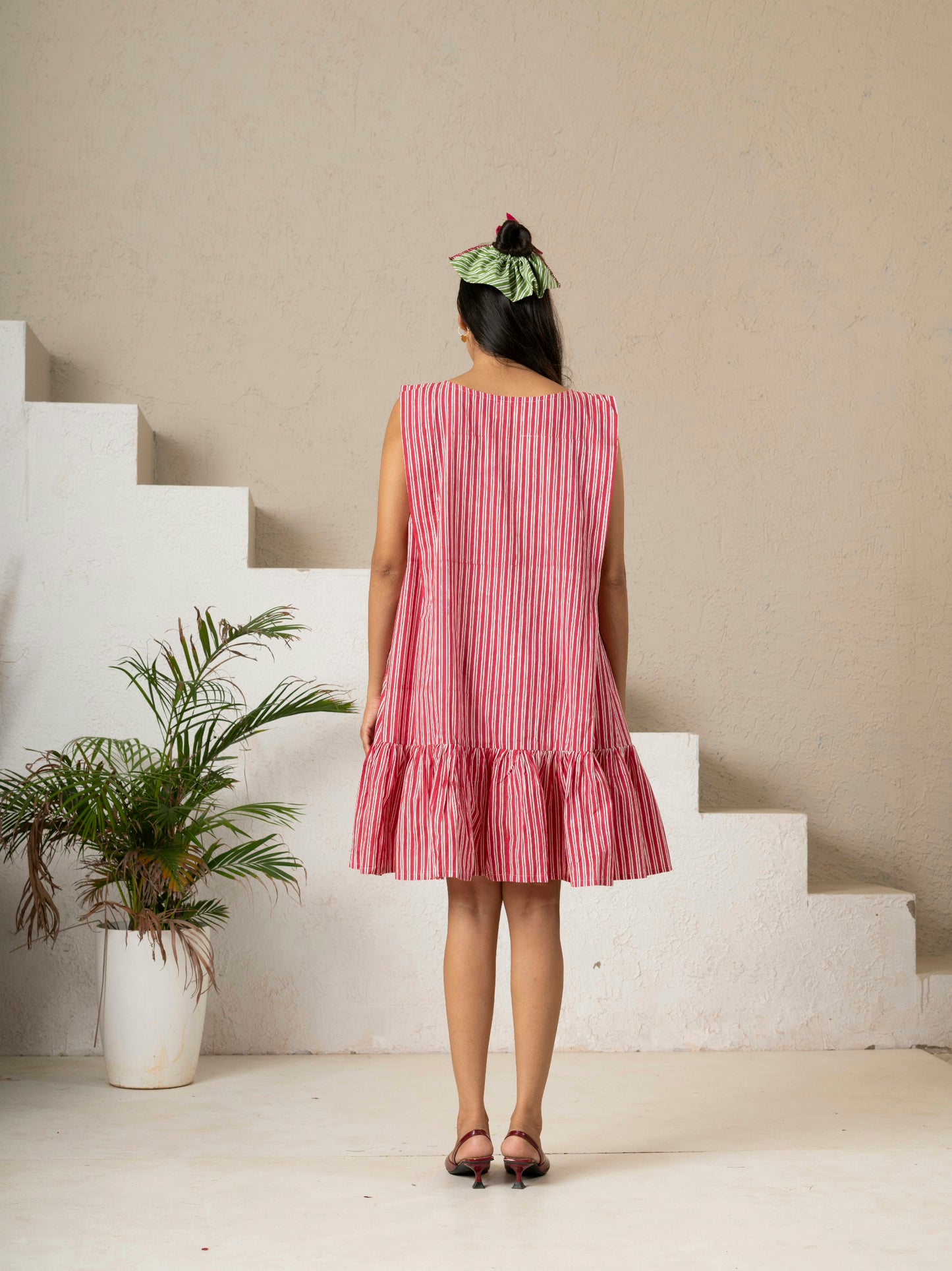 Pink Stripe Hand Block Printed Tiered Dress
