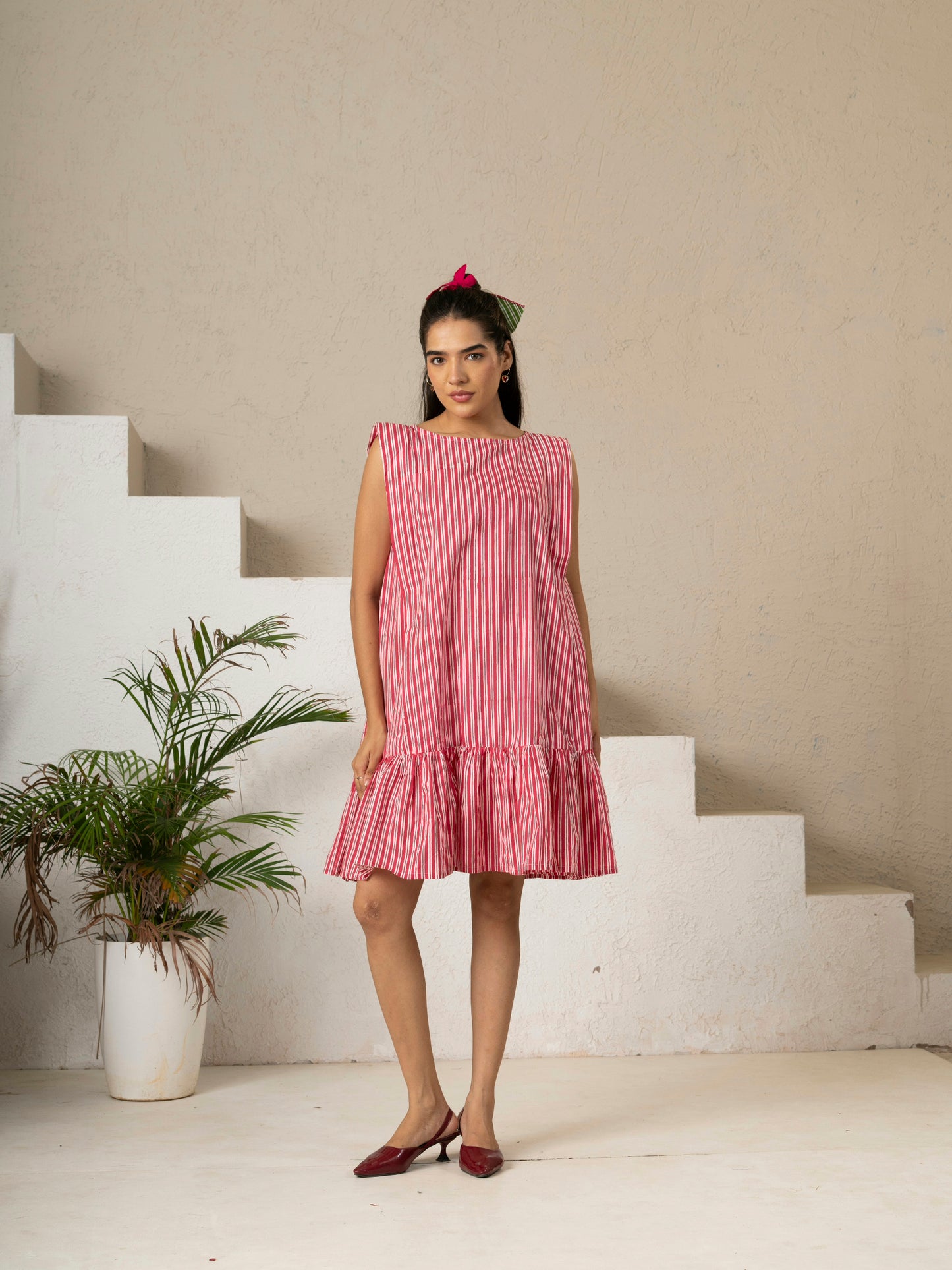 Pink Stripe Hand Block Printed Tiered Dress