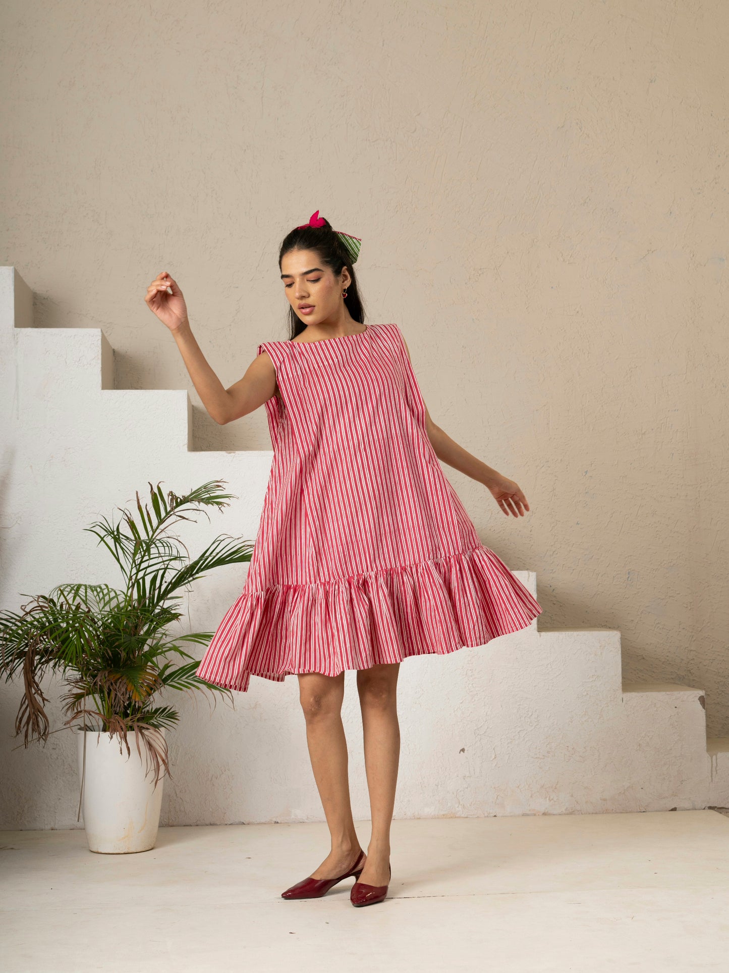 Pink Stripe Hand Block Printed Tiered Dress