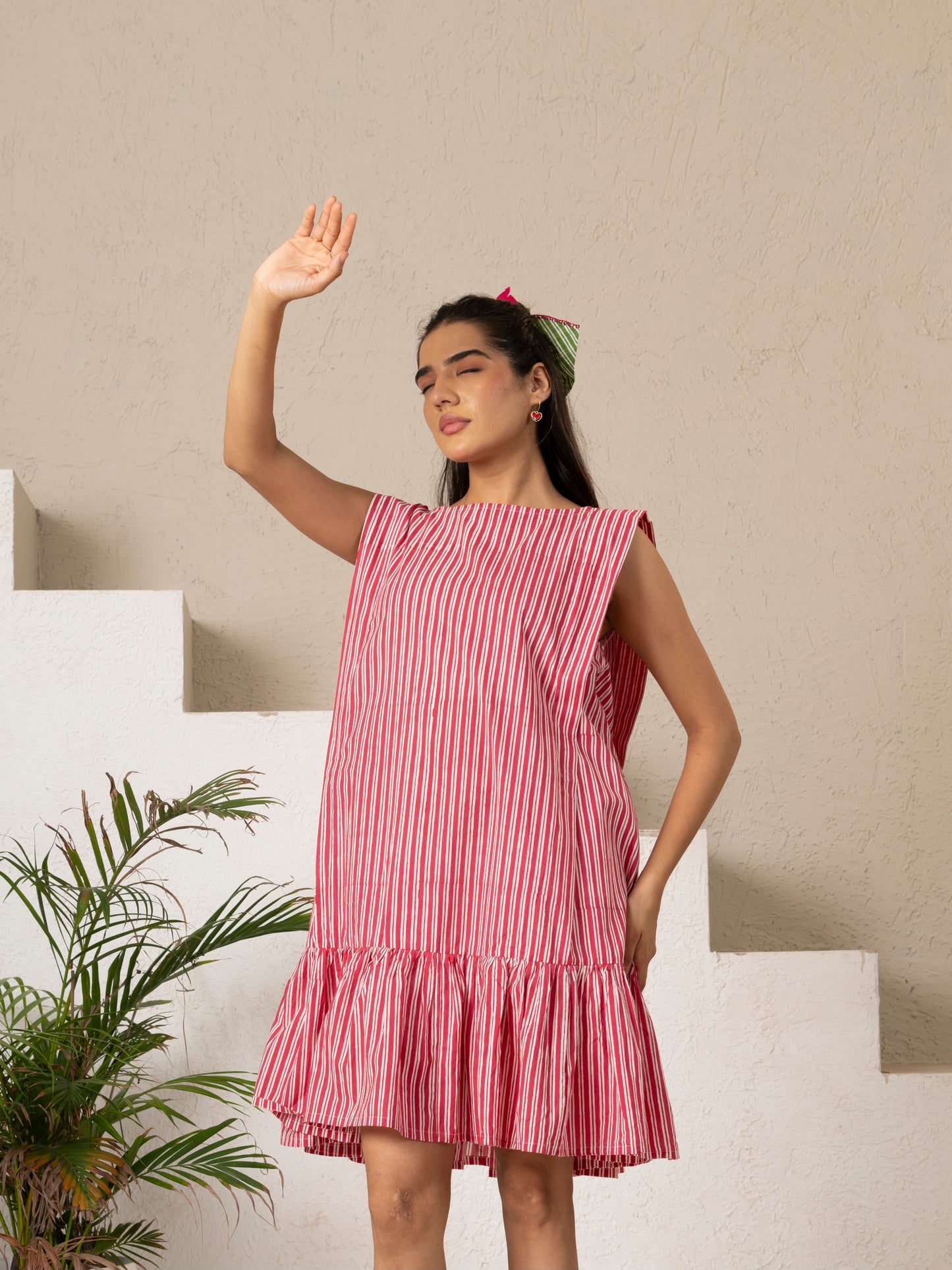 Pink Stripe Hand Block Printed Tiered Dress