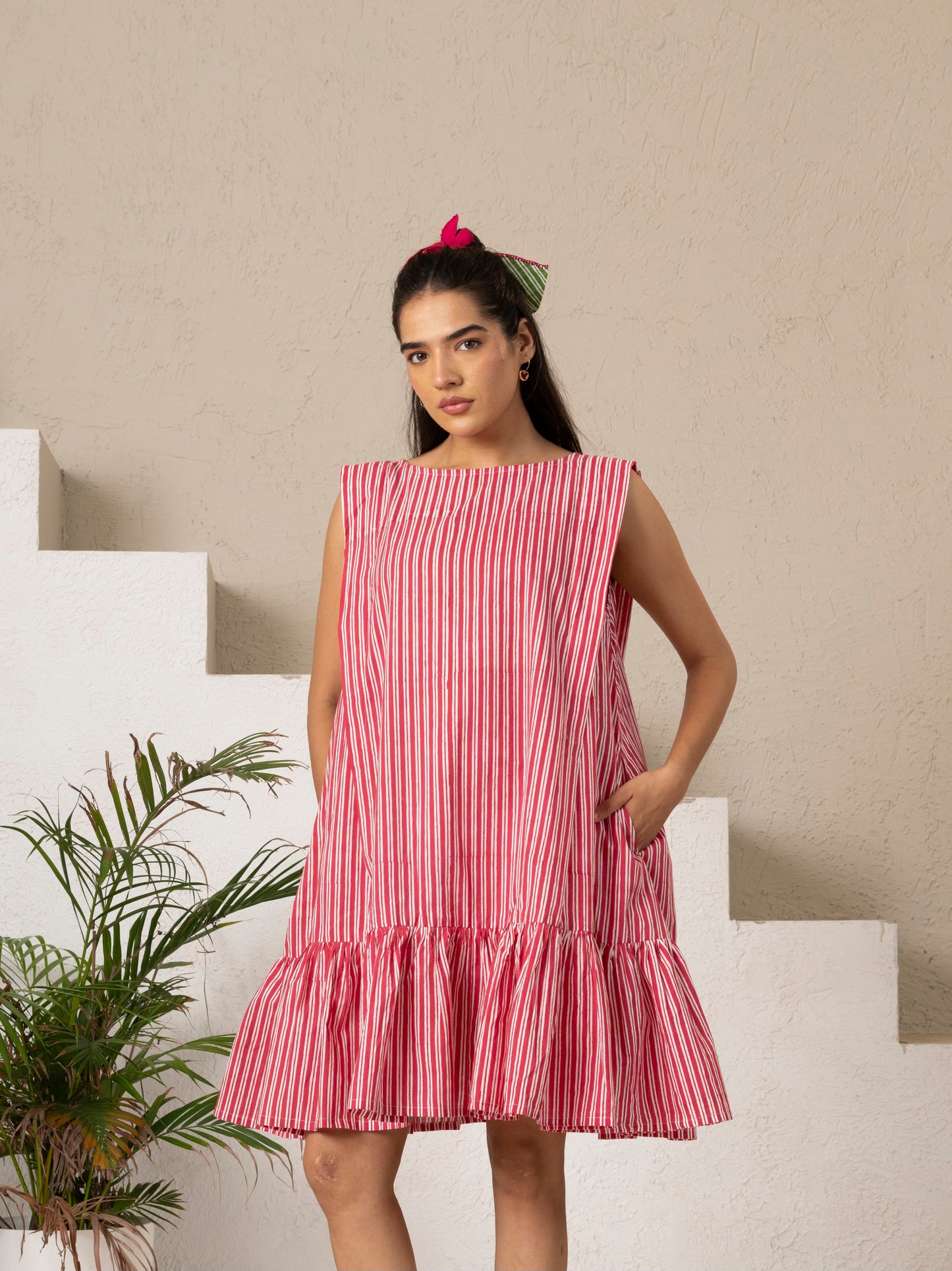 Pink Stripe Hand Block Printed Tiered Dress