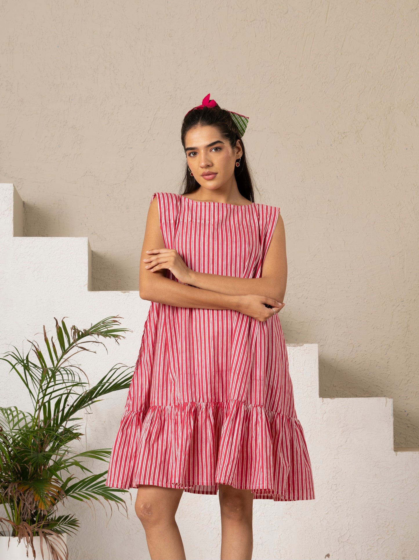 Pink Stripe Hand Block Printed Tiered Dress