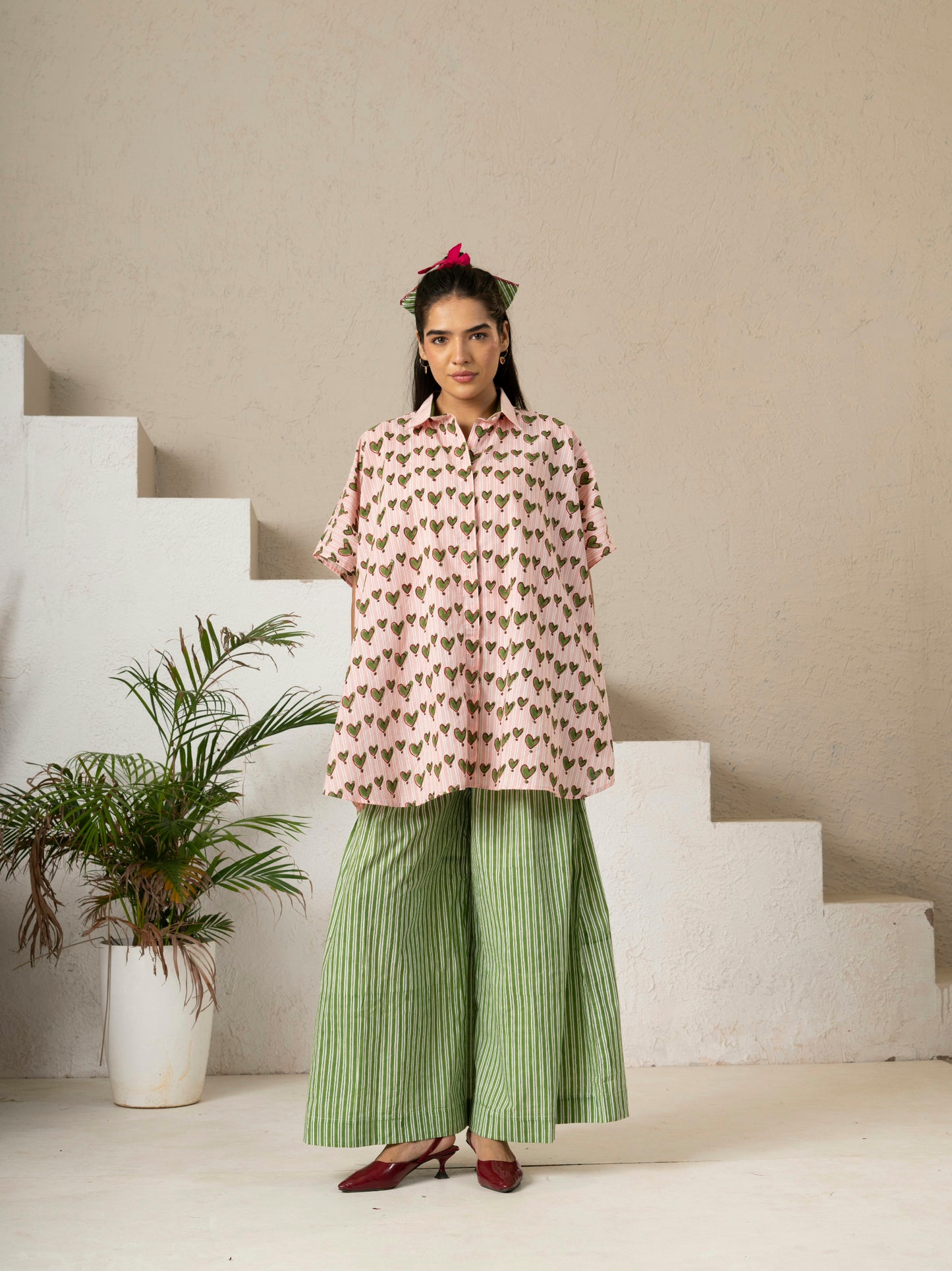 Hand Block Printed Heart Print Kaftan Shirt