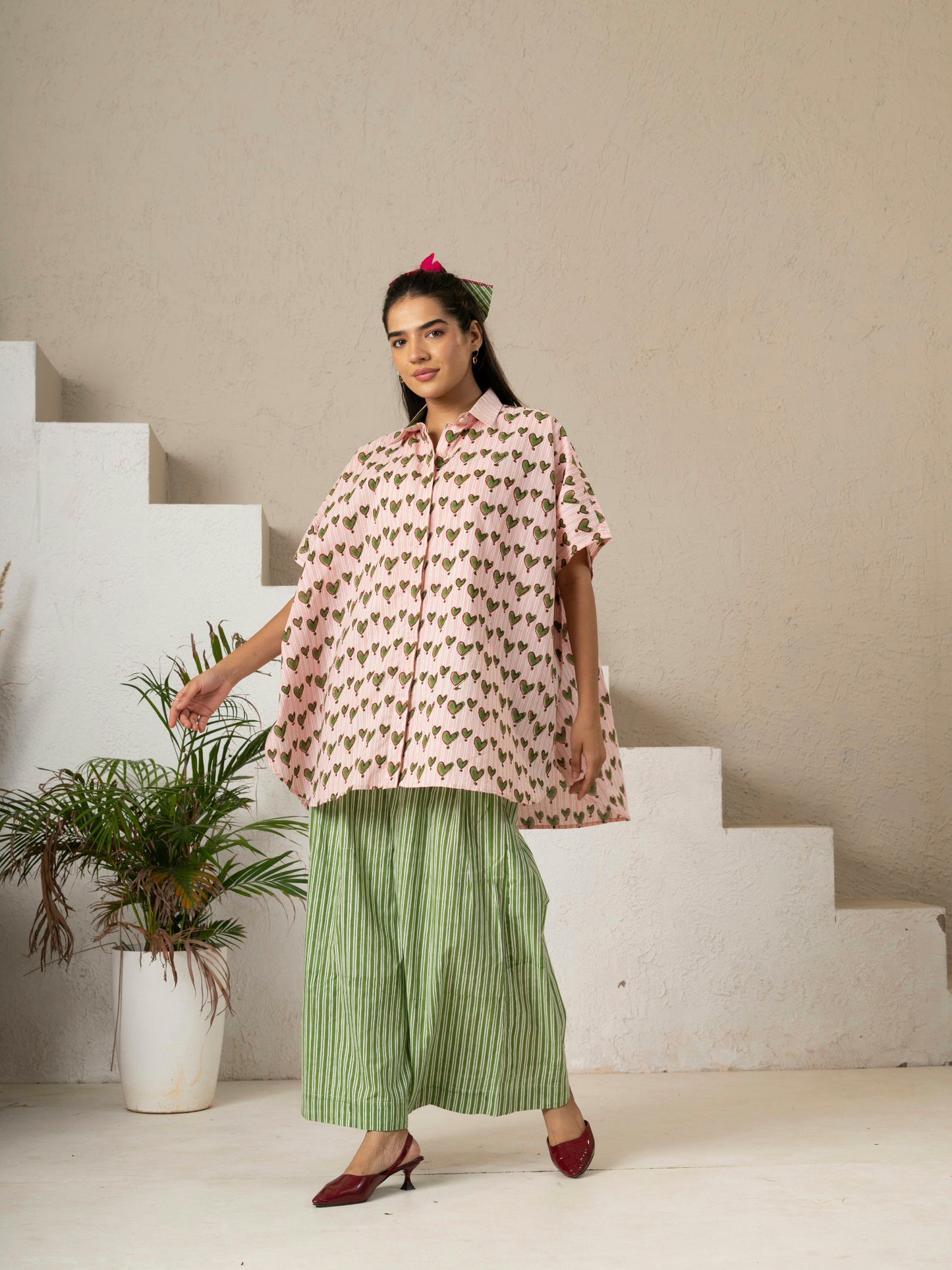 Hand Block Printed Heart Print Kaftan Shirt
