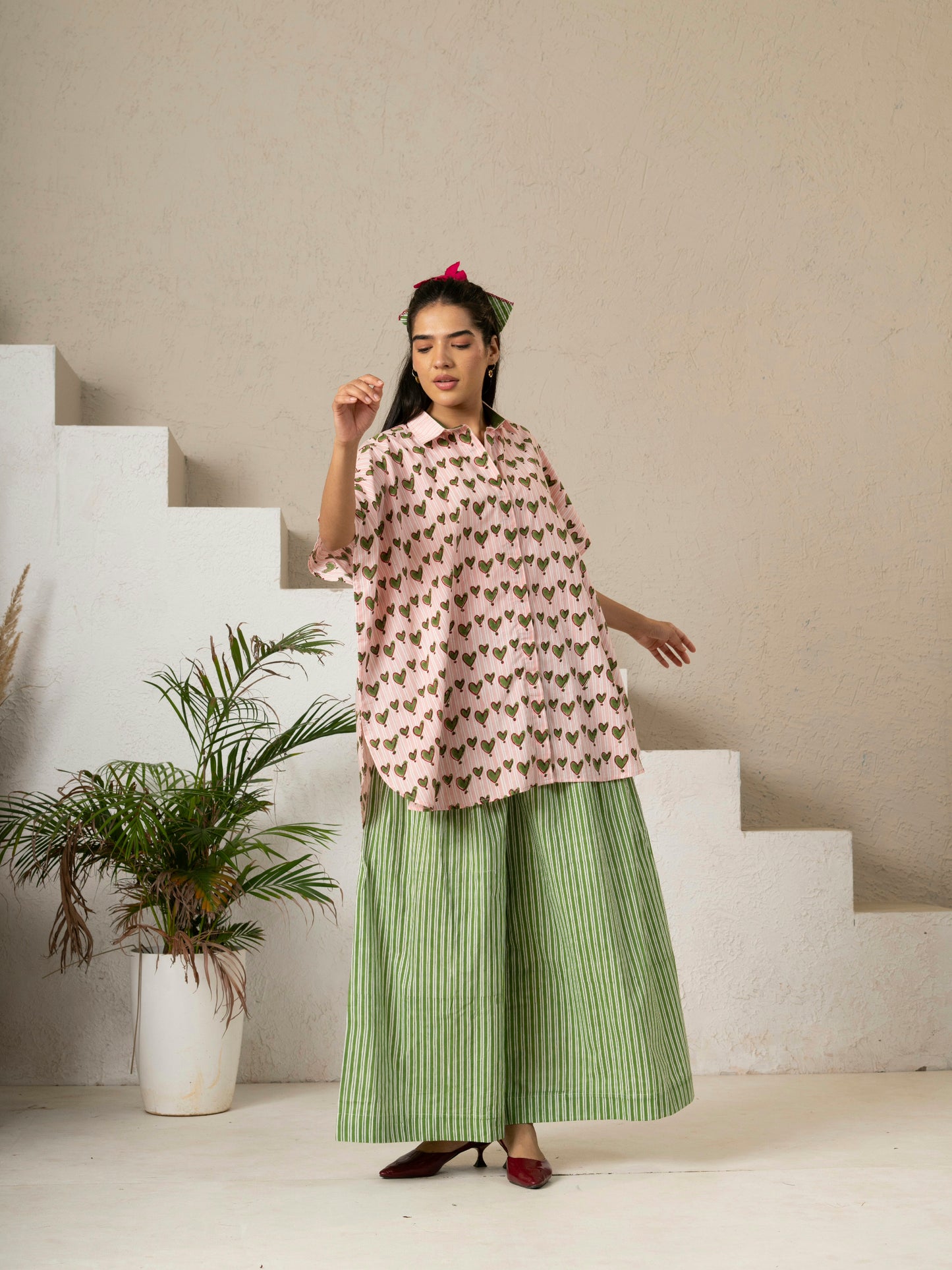 Hand Block Printed Heart Print Kaftan Shirt