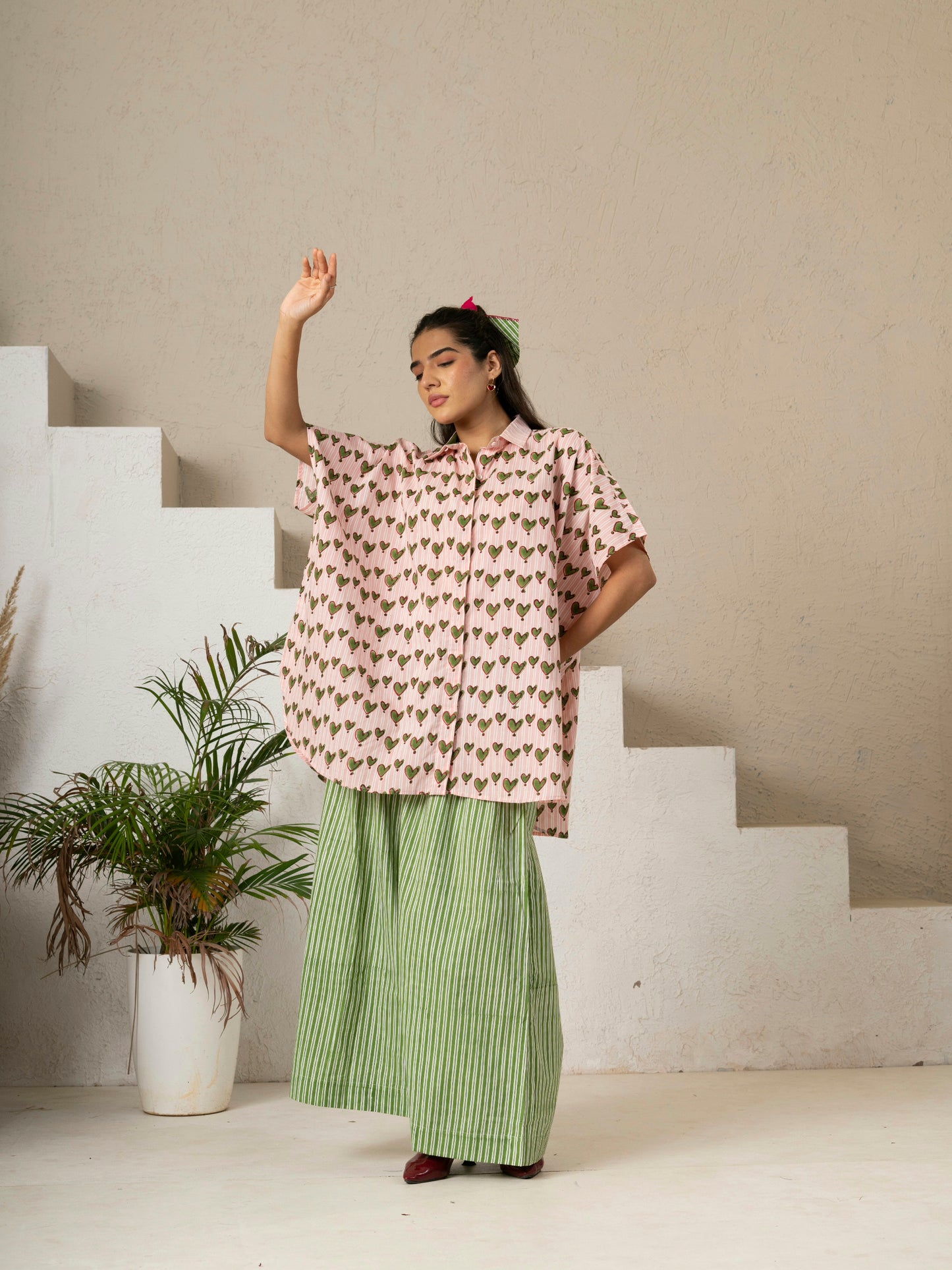 Hand Block Printed Heart Print Kaftan Shirt