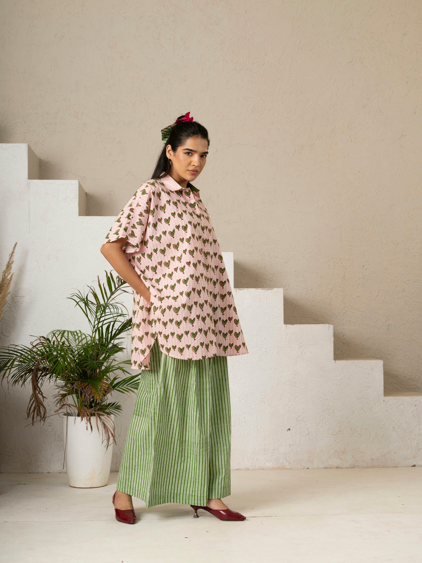 Hand Block Printed Heart Print Kaftan Shirt
