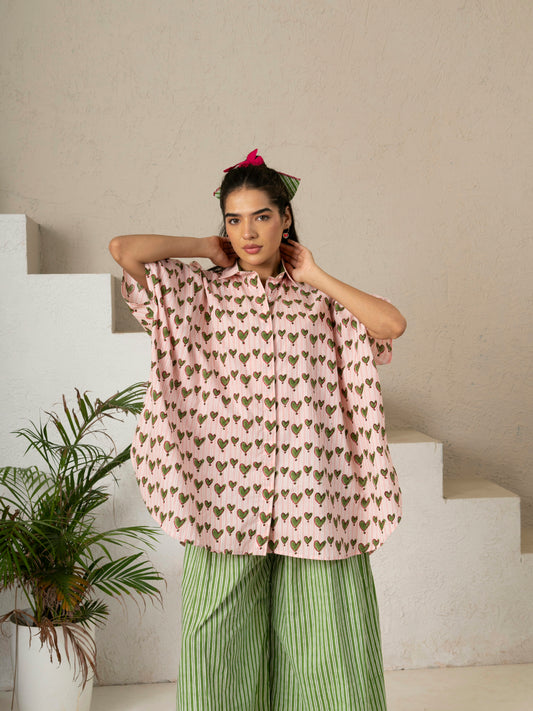 Hand Block Printed Heart Print Kaftan Shirt