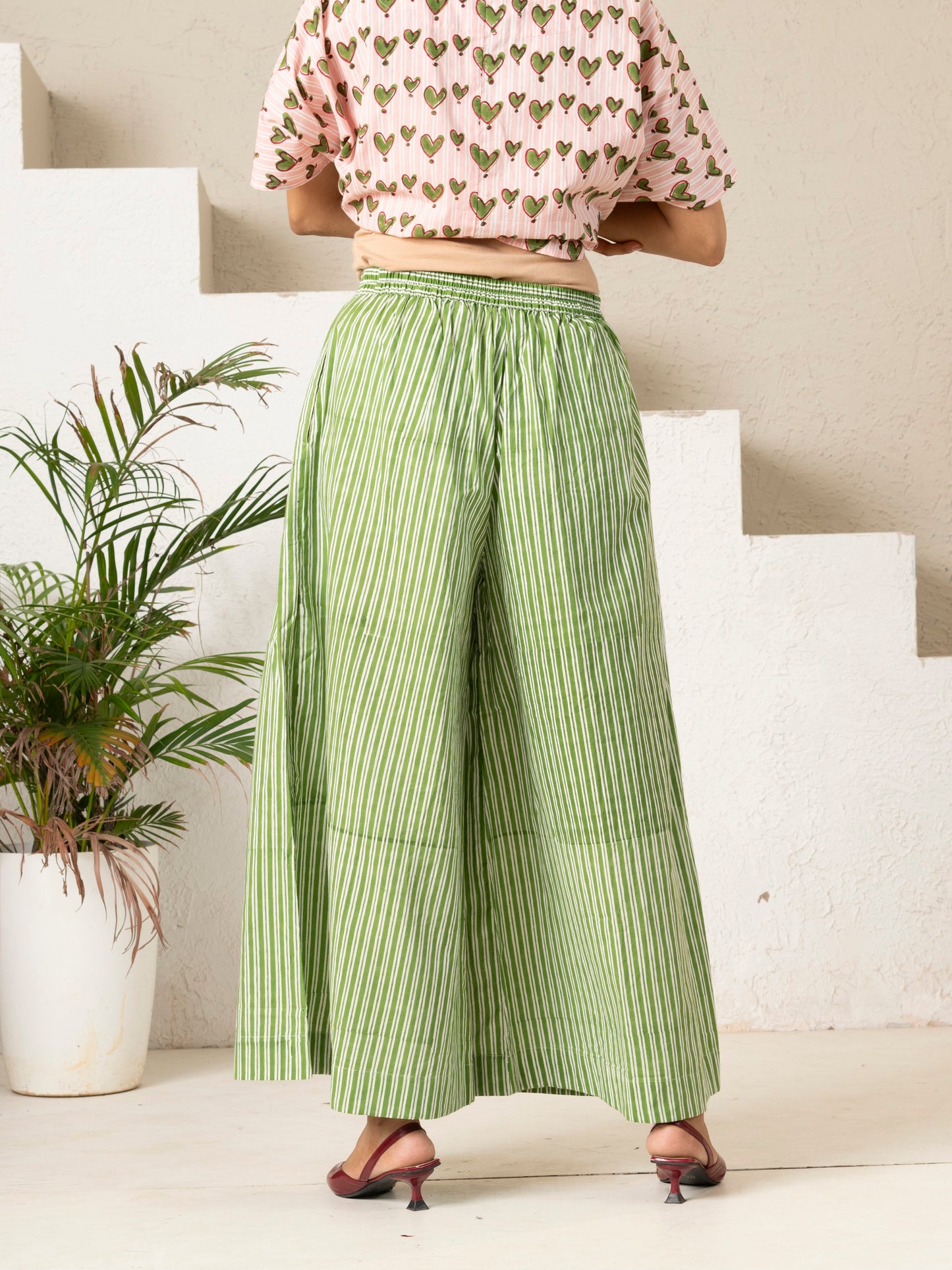 Hand Block Printed Green Stripe Wide-Leg Pants