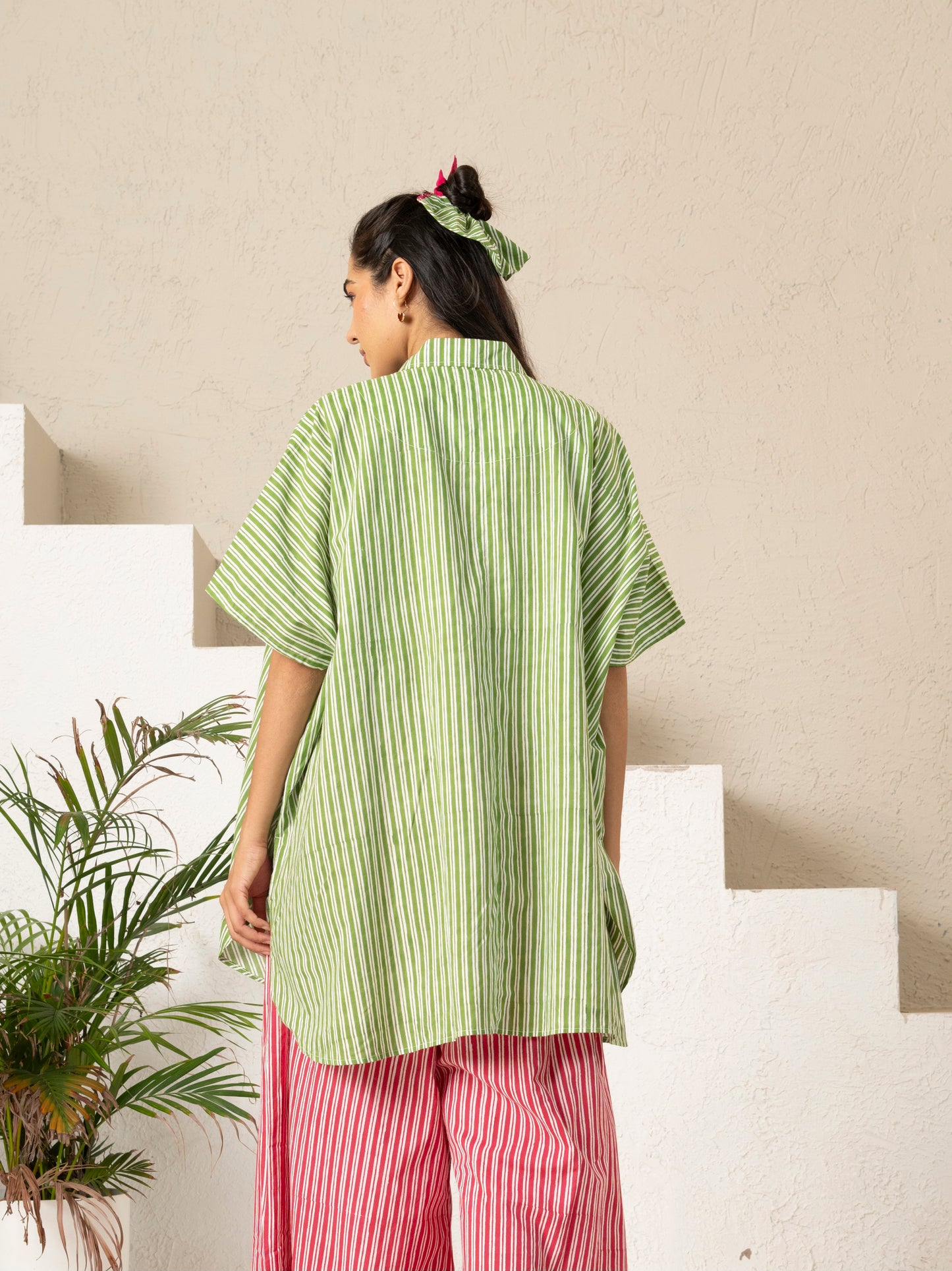 Hand Block Printed Green Stripe Kaftan Shirt