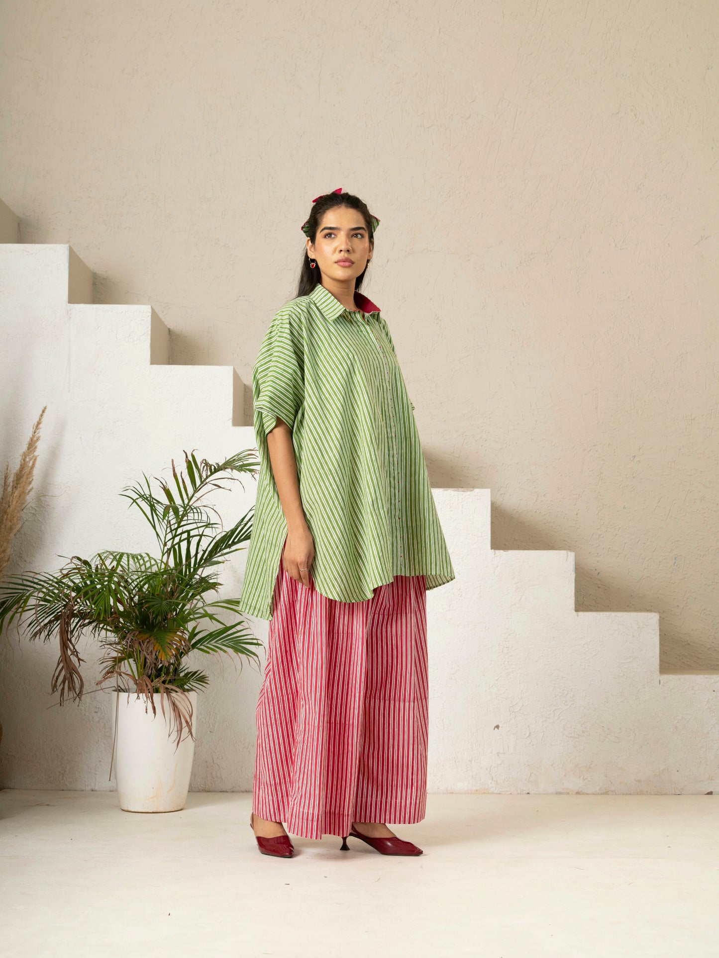 Hand Block Printed Green Stripe Kaftan Shirt
