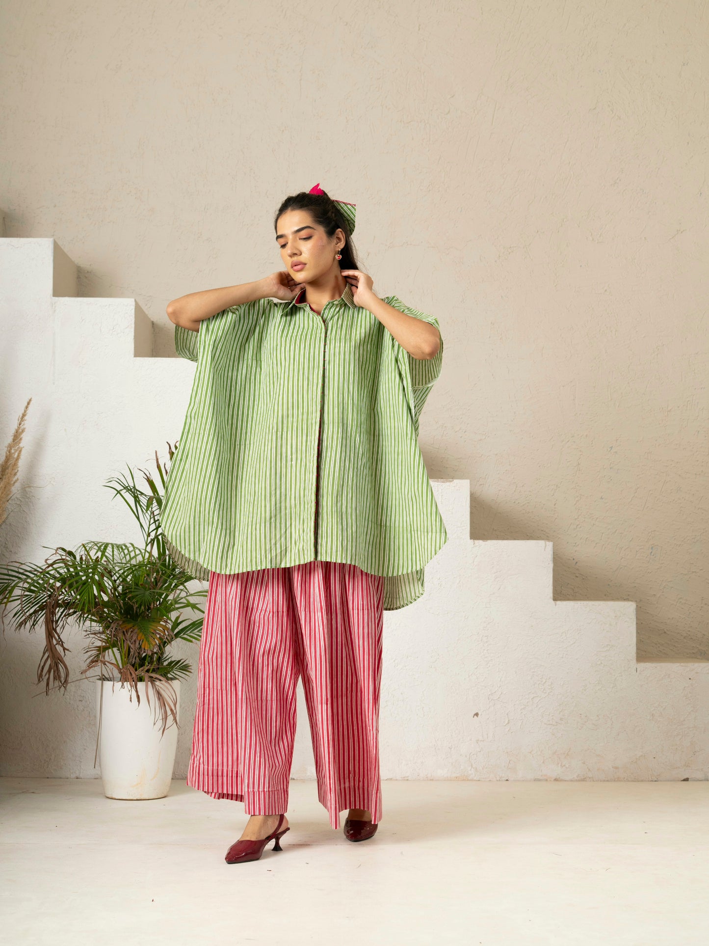 Hand Block Printed Green Stripe Kaftan Shirt