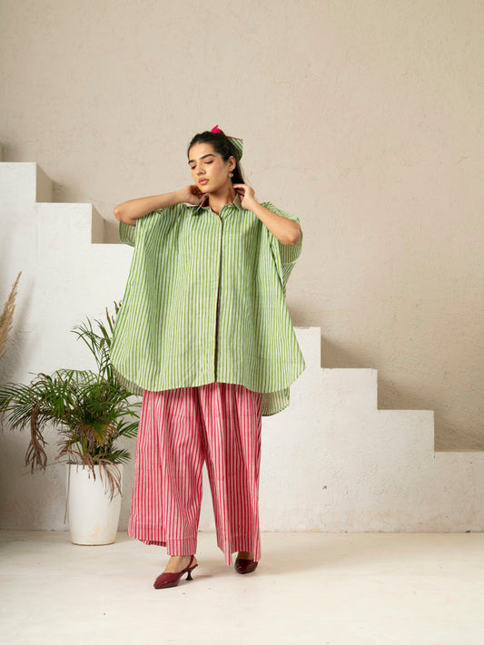 Hand Block Printed Green Stripe Kaftan Shirt
