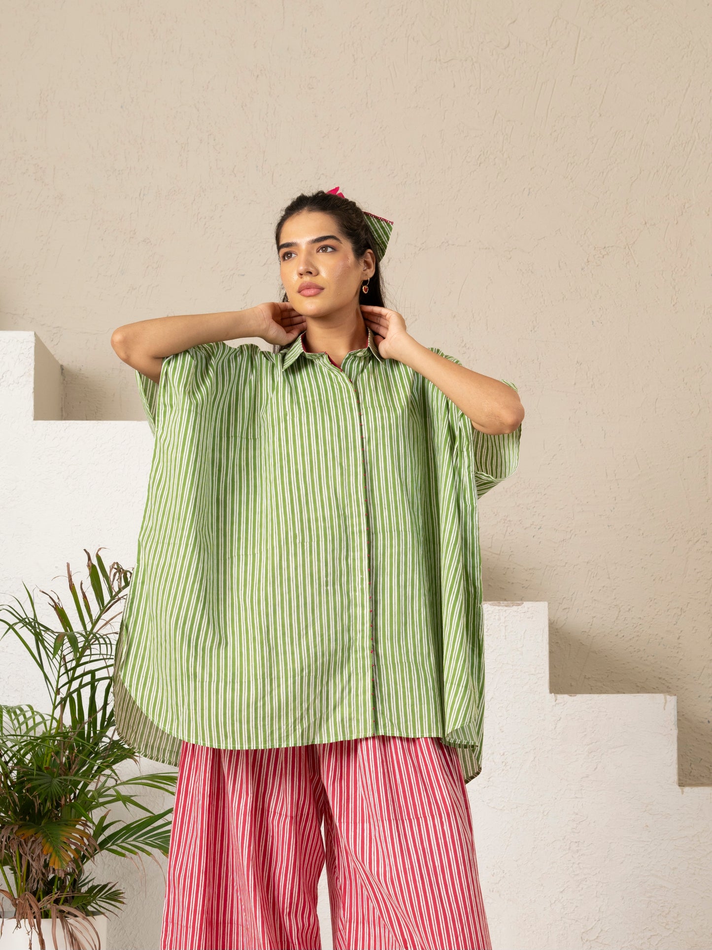 Hand Block Printed Green Stripe Kaftan Shirt