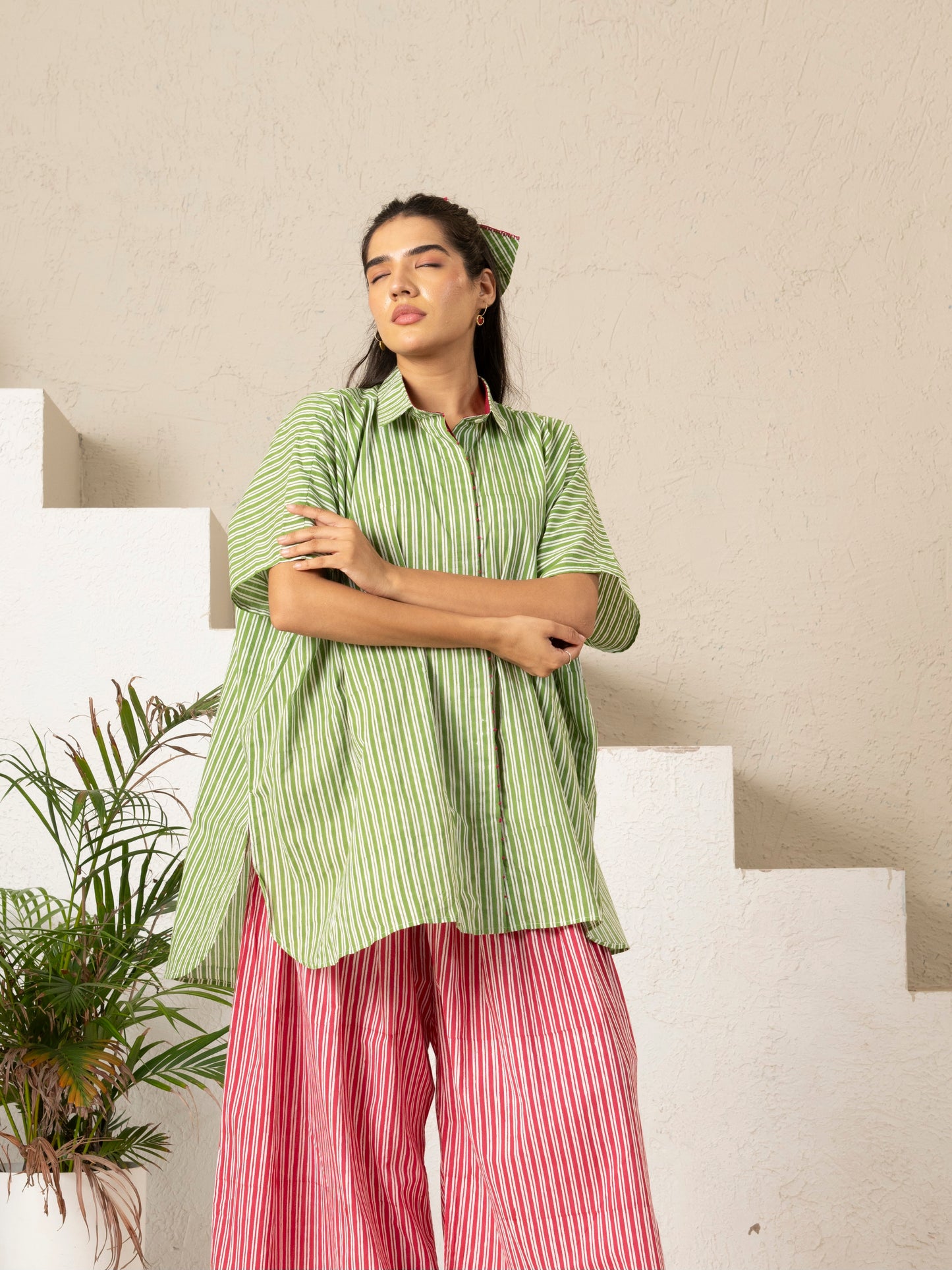 Hand Block Printed Green Stripe Kaftan Shirt