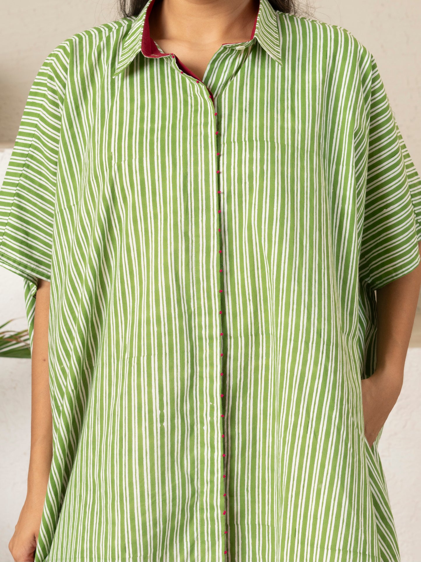 Hand Block Printed Green Stripe Kaftan Shirt