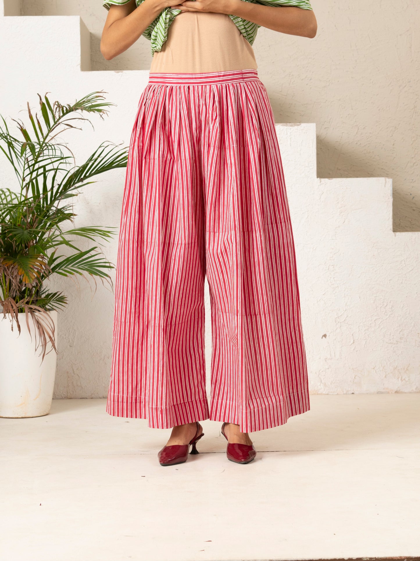 Hand Block Printed Red Stripe Wide-Leg Pants