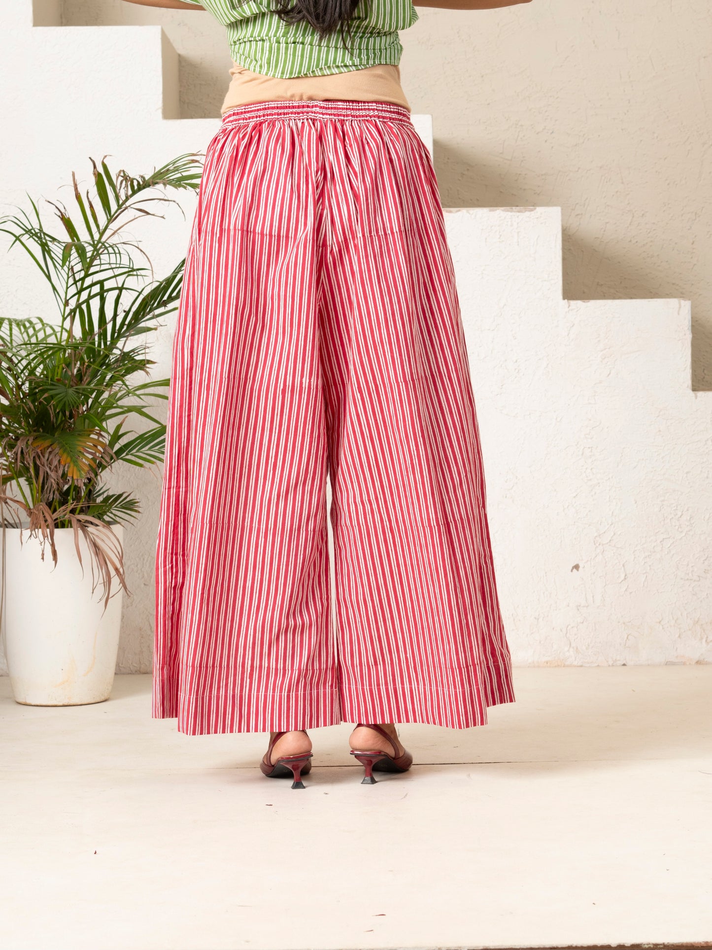 Hand Block Printed Red Stripe Wide-Leg Pants
