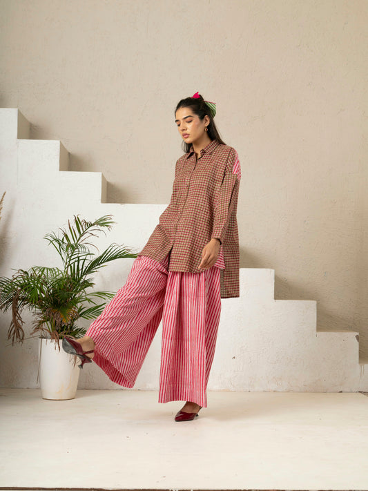 Hand Block Printed Red Stripe Wide-Leg Pants