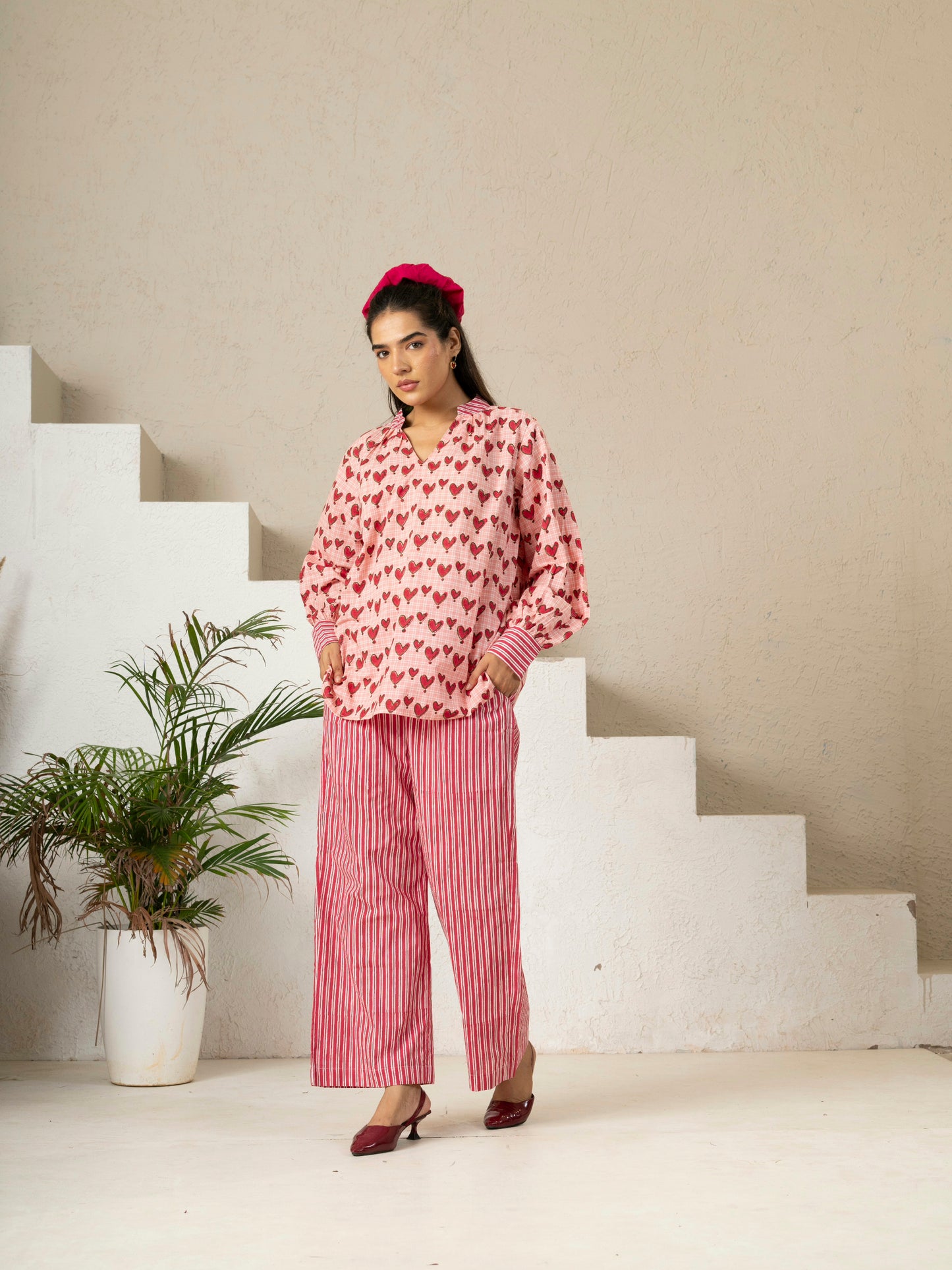 Hand Block Printed Pink Stripe Pants