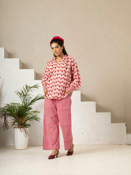Hand Block Printed Pink Stripe Pants